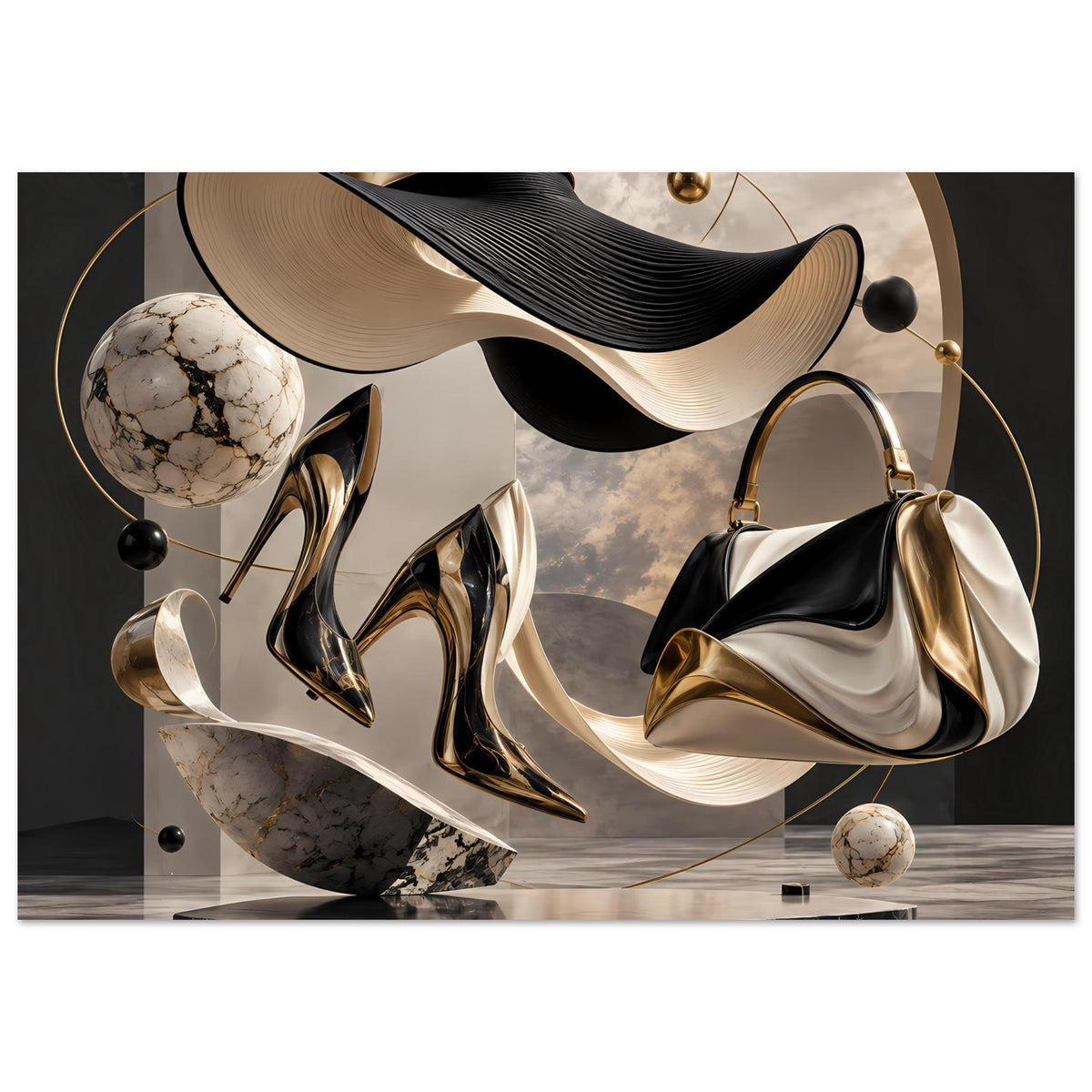 Abstraktes Fashion-Poster mit schwarzen und goldenen Schuhen, Handtasche und Kugeln