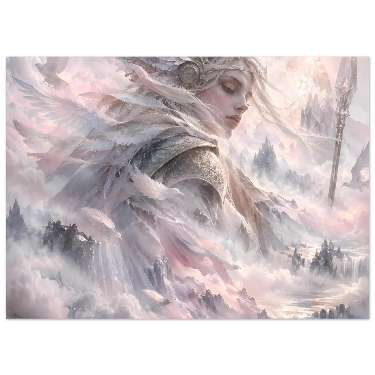 Nordisches Fantasy-Poster mit Walküre, Federhelm und Flügeln; Speer am rechten Bildrand