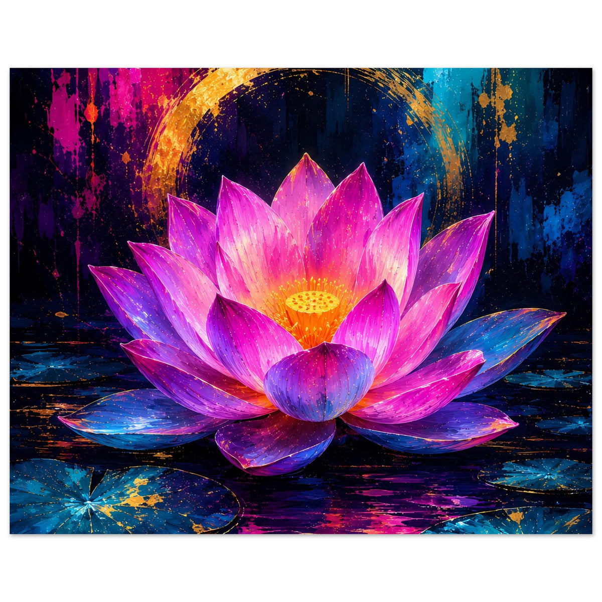 Blumenposter mit leuchtender Lotusblüte in Rosa-Violett, goldene Aura über dunklem Motiv