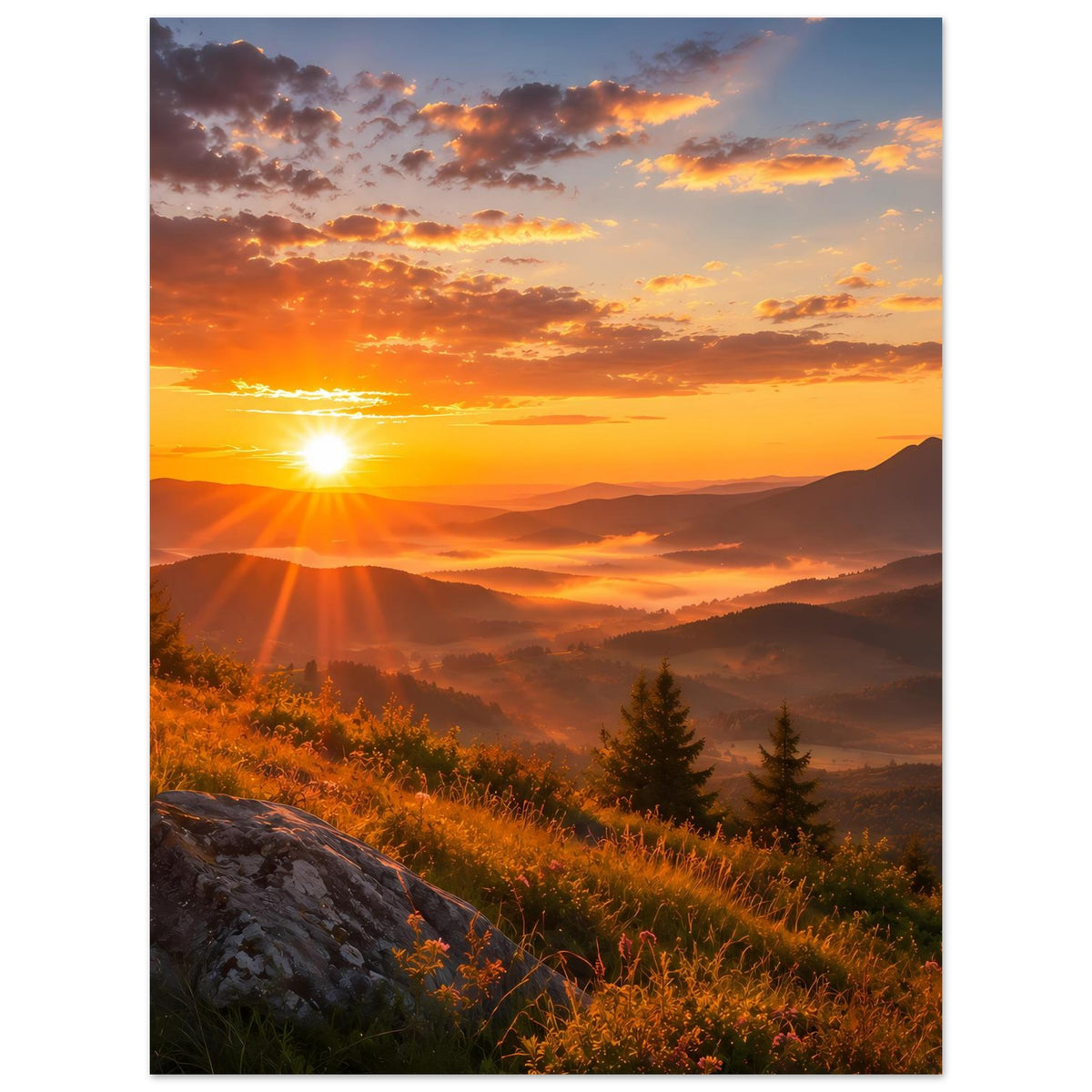 Landschaftsposter mit Sonnenuntergang über Bergen, Wiese und Tannenwald im Hochformat