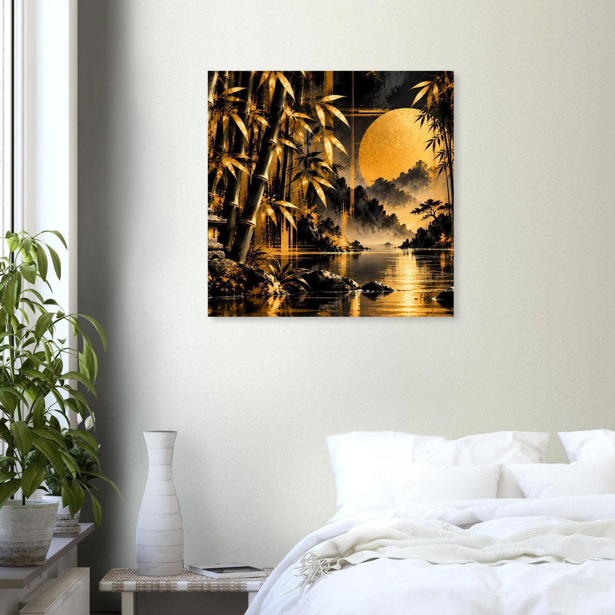 Poster-Print mit Bambuslandschaft, Wasserlauf und großer Sonne bei Sonnenuntergang