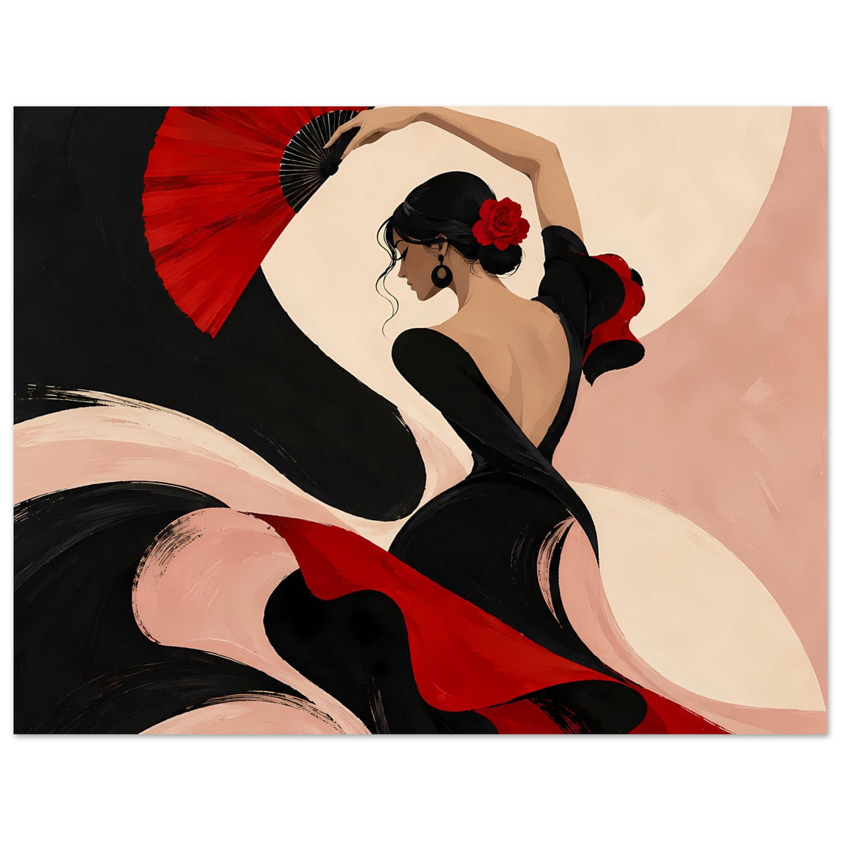 Poster mit Flamenco-Tänzerin in Schwarz und Rot, roter Fächer und ausgestreckter Arm