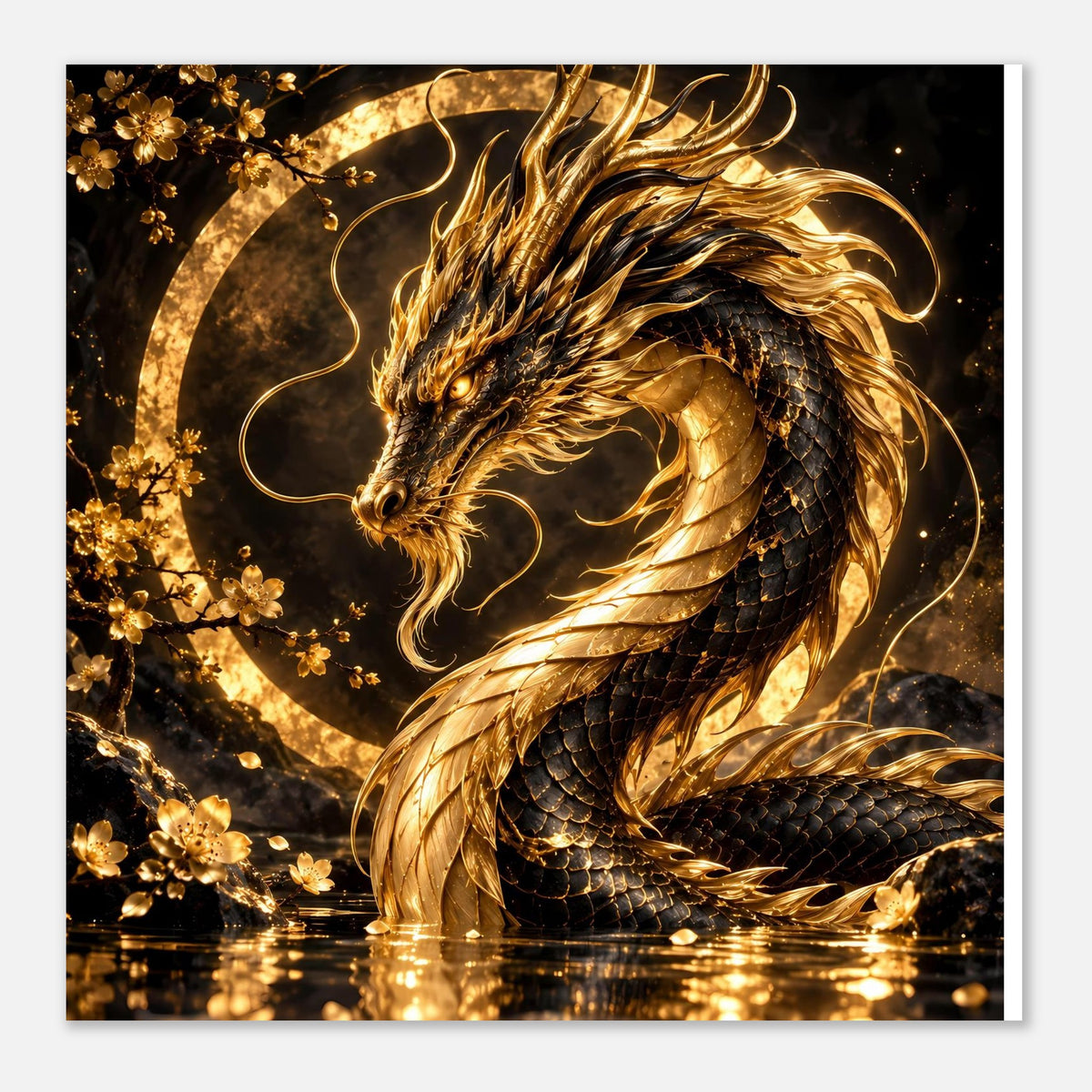 Detailposter: goldener Drache mit Flammenwirbeln und funkelndem Leuchteffekt