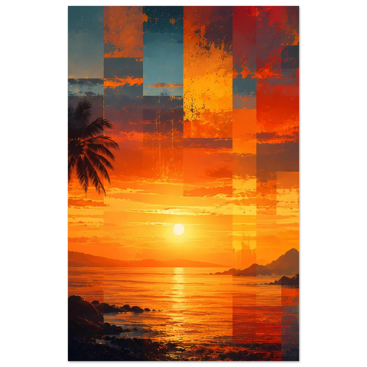 Kunstposter im Querformat mit tropischem Sonnenuntergang, Palmen-Silhouette und patchworkartigen Quadraten