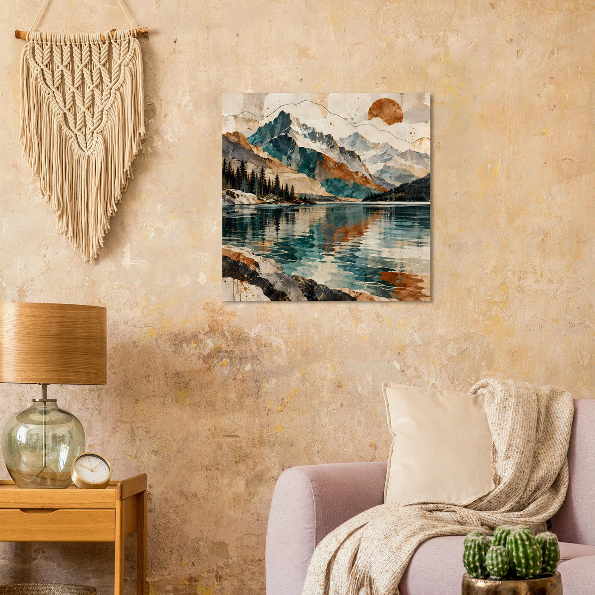 Wandposter mit rustikaler Berglandschaft und See, türkis und braune Akzente im Motiv