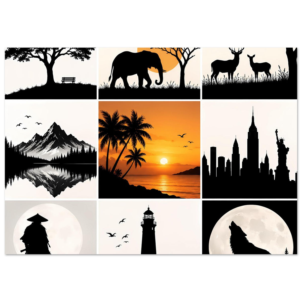 Kunstposter mit Silhouetten-Collage, angeschnitten: Berge, tropische Küste, Leuchtturm, Skyline, Jägerfigur, Wolf