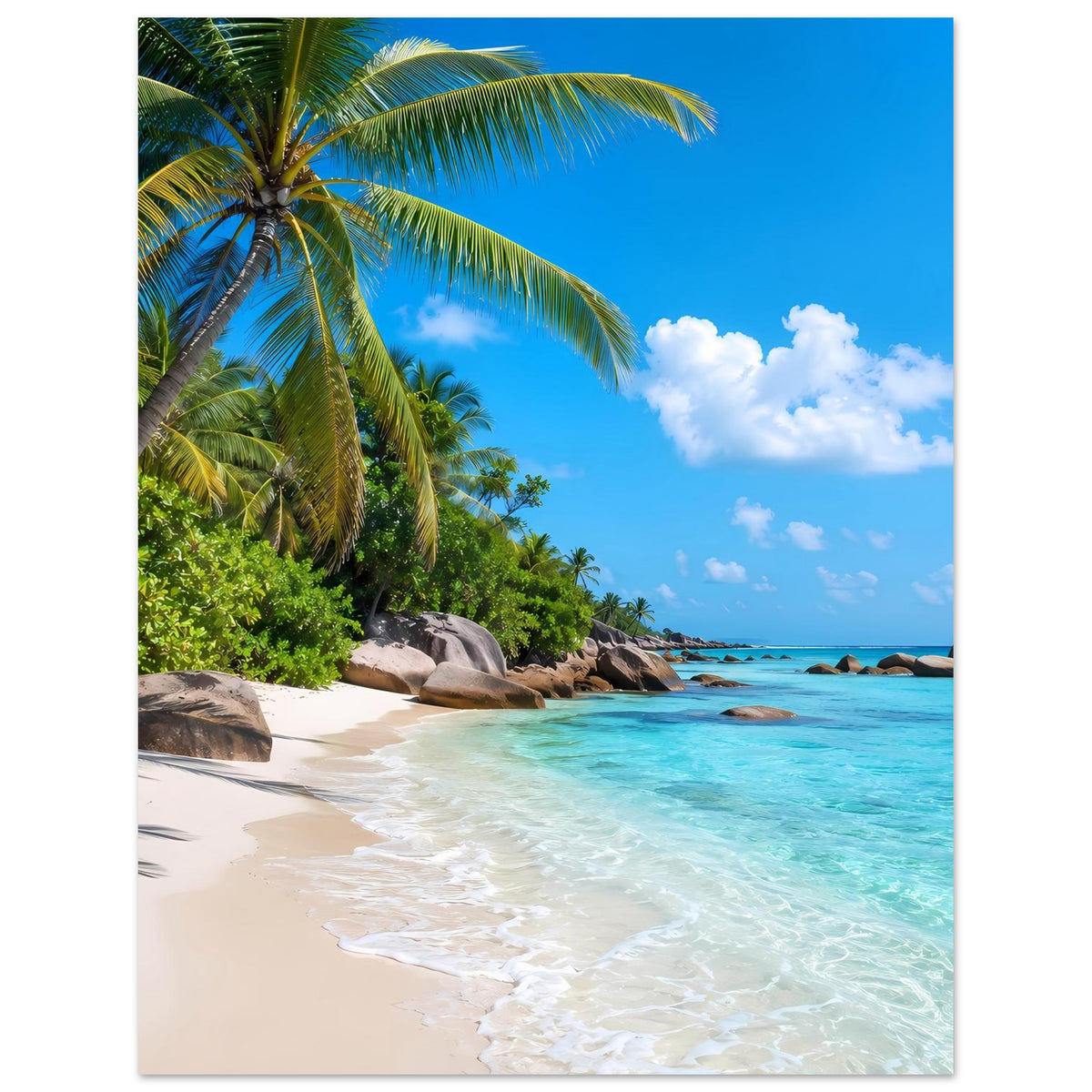 Hochformat-Strandposter mit Palme, grünem Uferbewuchs, türkisfarbenem Wasser und Sand