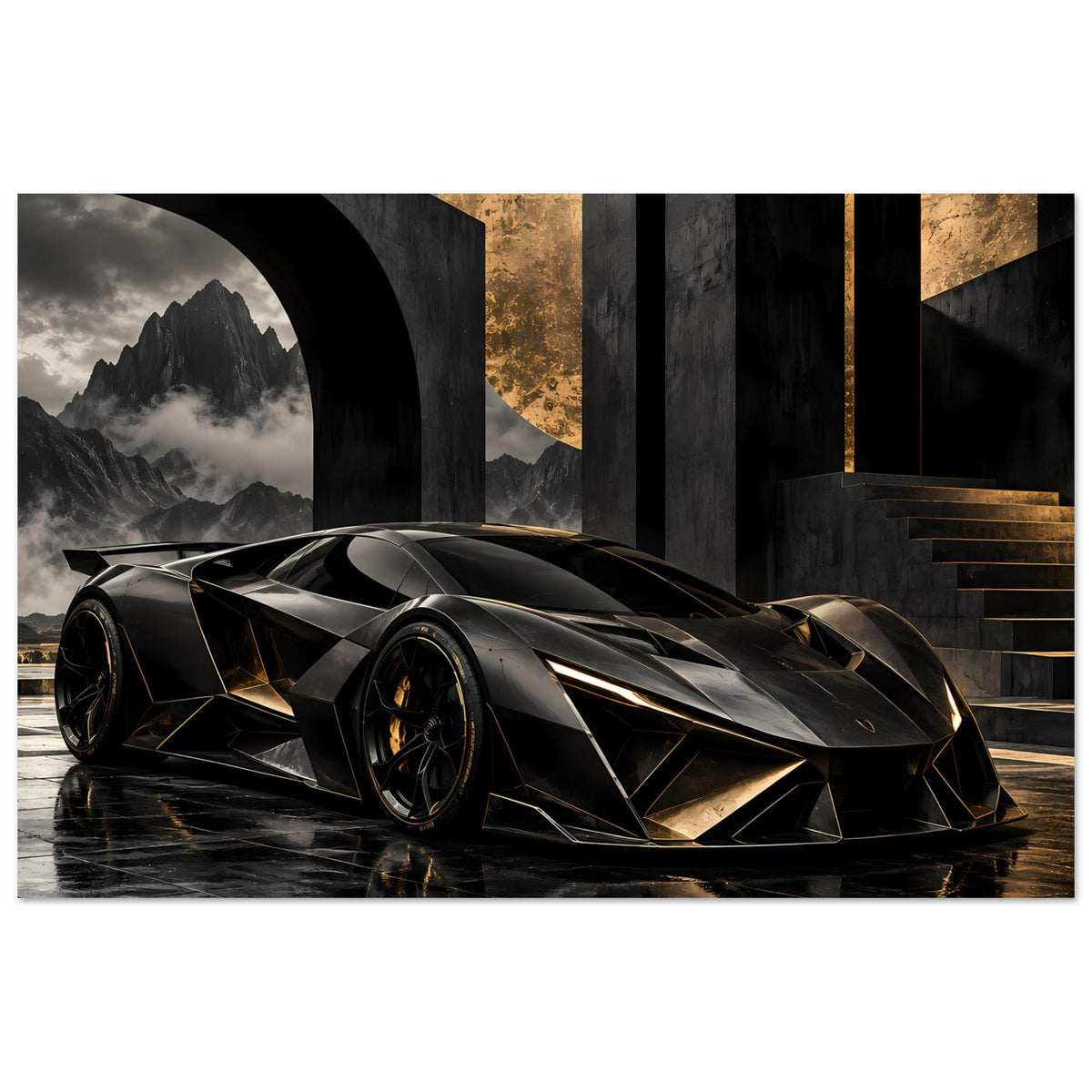 Autoposter-Poster: futuristischer Supersportwagen in Schwarz und Gold, markantes Frontdesign