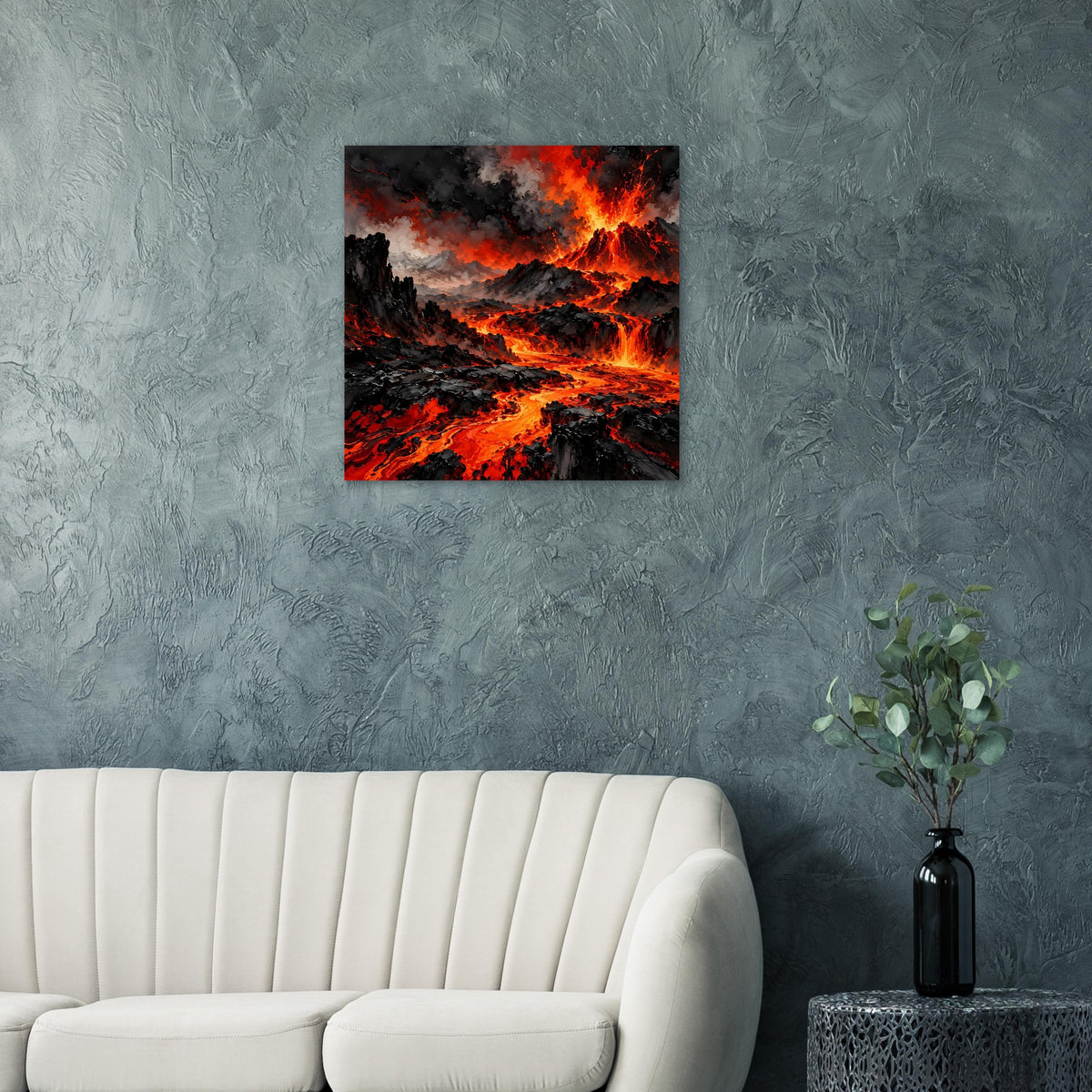 Vulkan-Ausbruch-Poster mit Lavafontänen, Rauchschwaden und schwarzem Vulkanfels in Orange-Rot