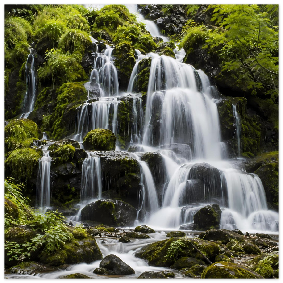 Wasserfall-Poster mit breiten Kaskaden und moosigen Steinen, kräftiges Grün im Motiv