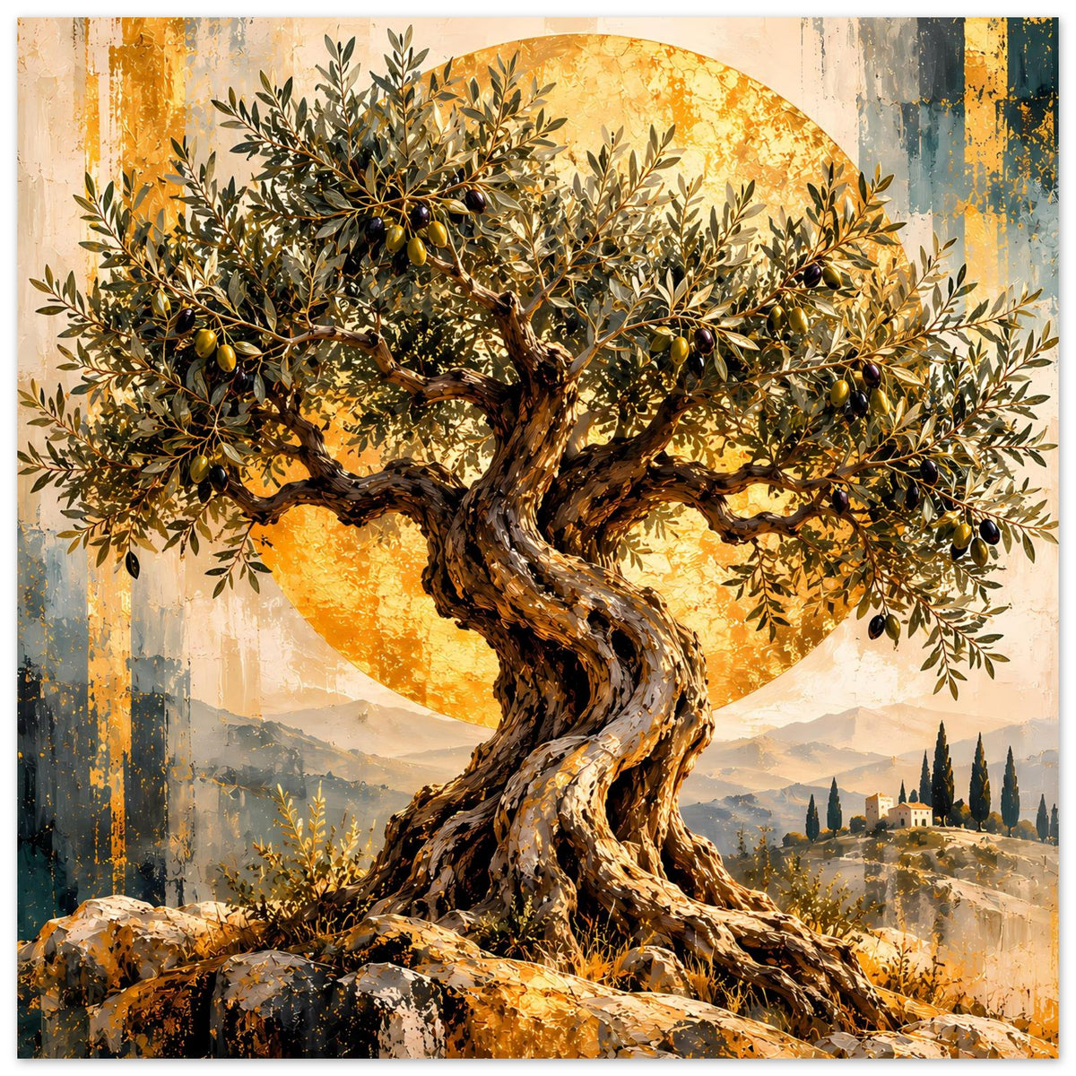 Wandposter: Olivenbaum mit goldgrünen Blättern, großer Sonnenbogen und Landschaft
