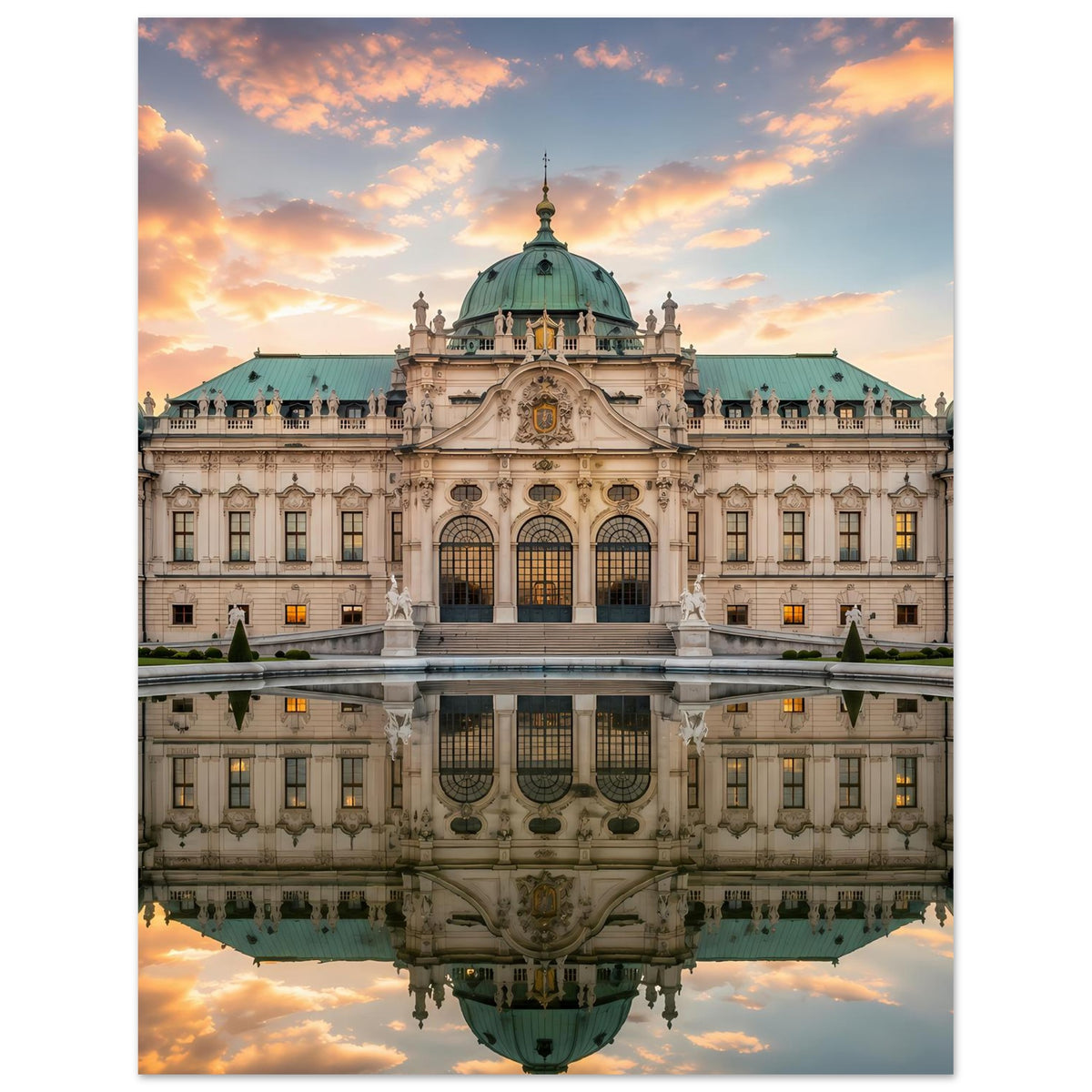 Schloss-Poster im Hochformat, Barockpalast frontal mit Wasserspiegelung im Bild
