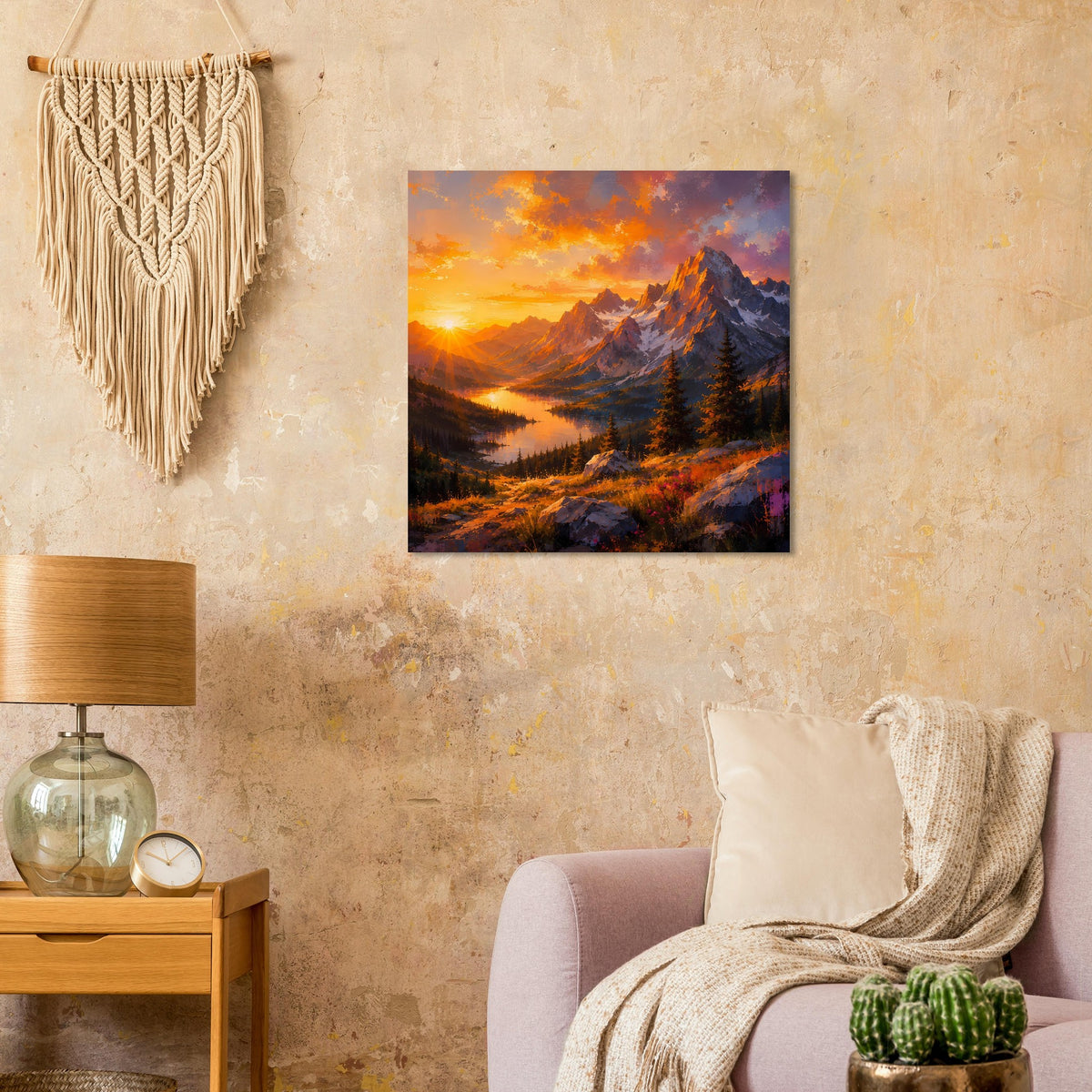 Quadratisches Poster mit orange-rotem Sonnenuntergang, Bergkette, Wald und Pfad