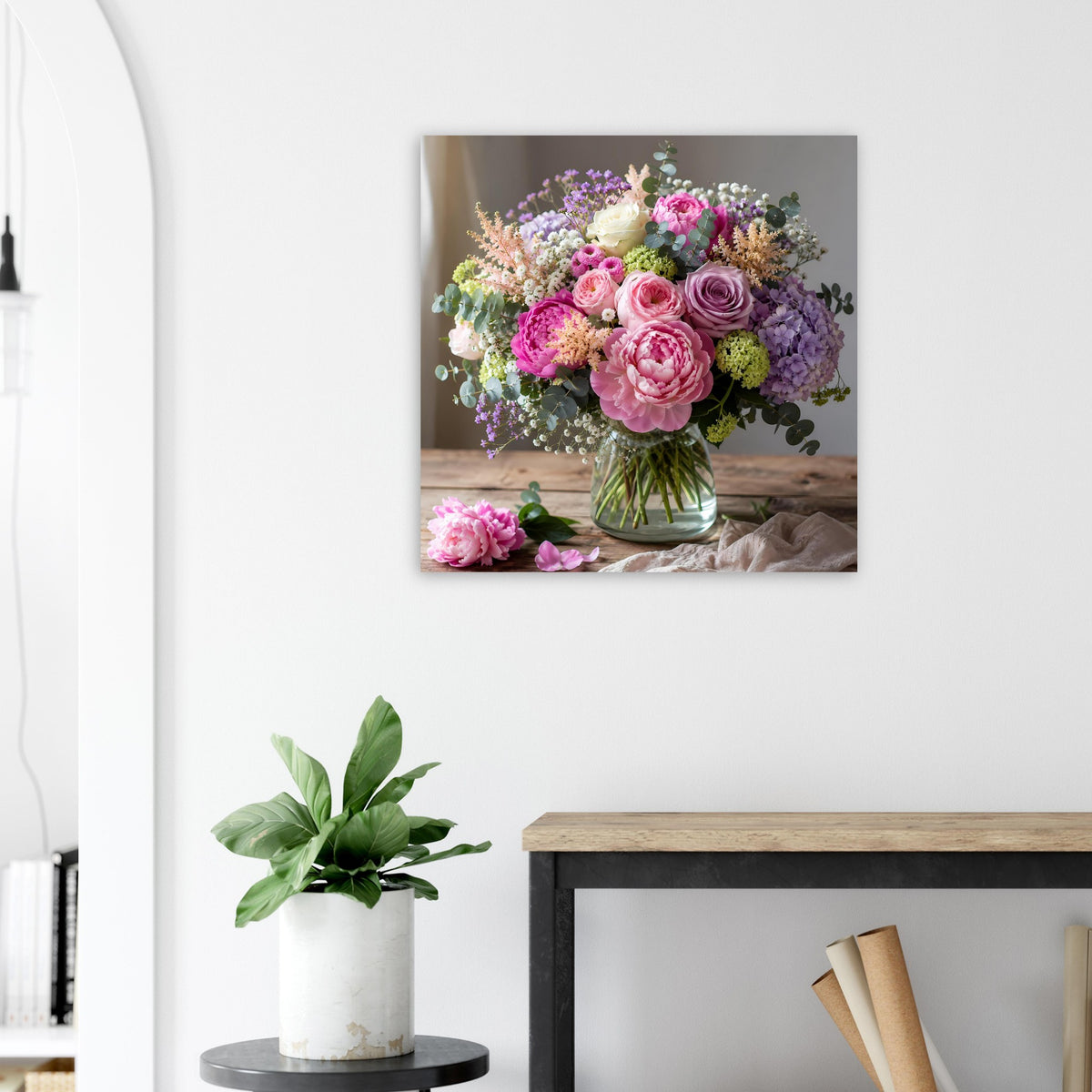 Florales Blumenposter mit Bouquet in Vase, Pastellrosa, Lila und Grüntönen