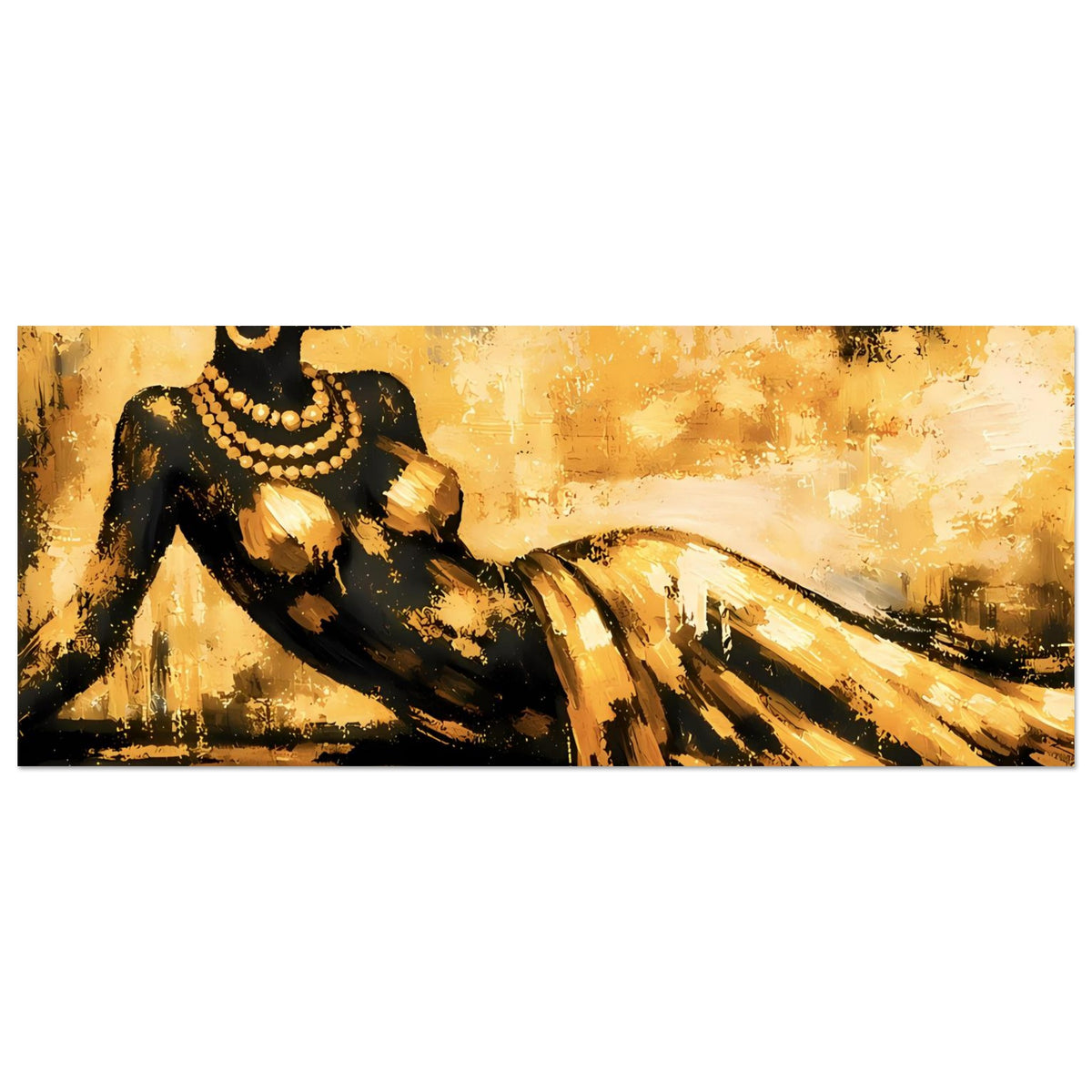Kunst-Poster im Querformat: sitzende schwarze Frau mit goldener Halskette, warmes Goldgemälde.