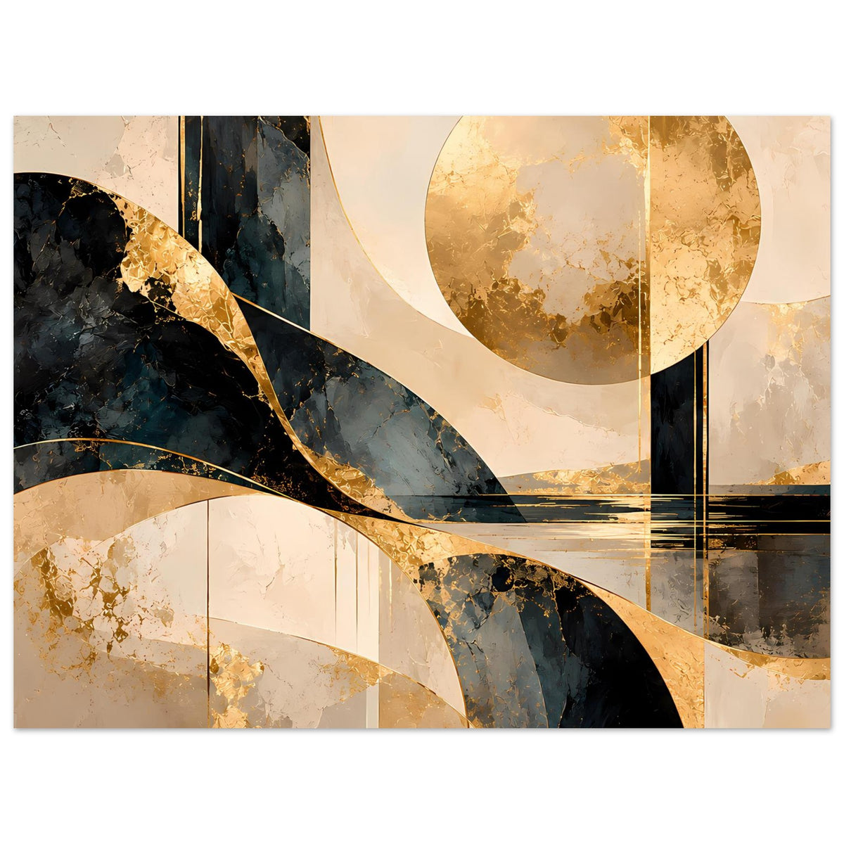 Abstraktes Poster im Querformat: goldener Kreis, diagonaler Bogen, schwarze Streifen
