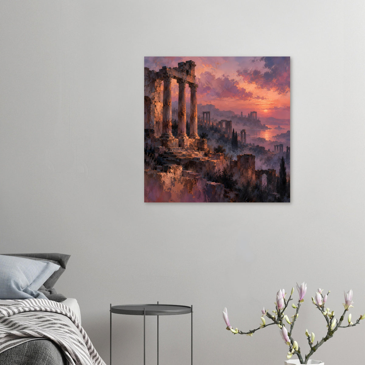 Quadratisches Poster mit antiken Ruinen im Sonnenuntergang, orange-violett