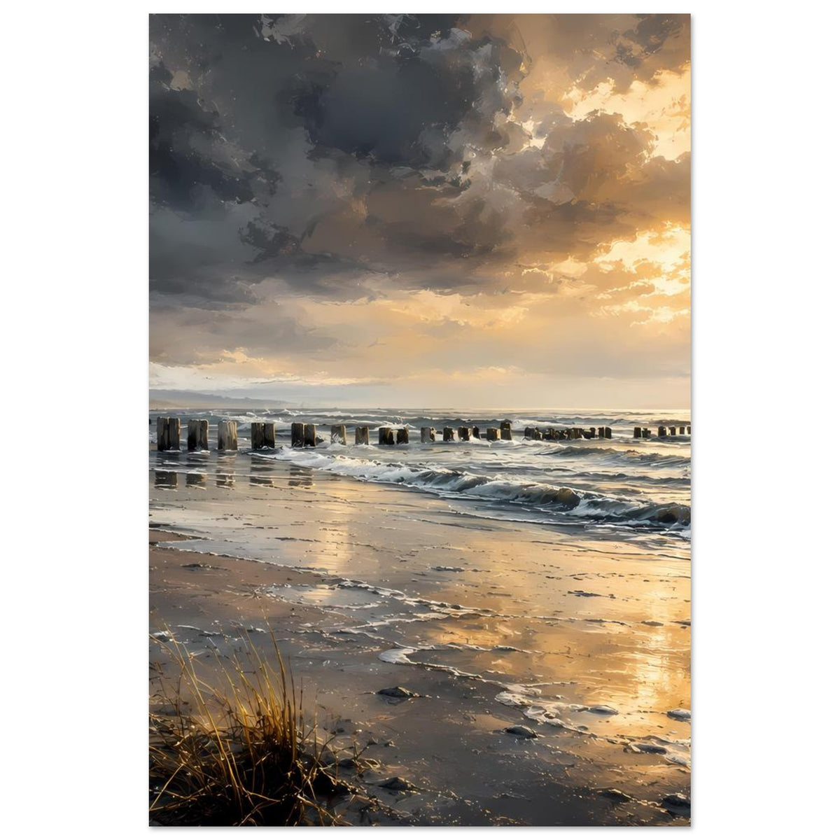 Vertikales Strandposter mit Sonnenuntergang, schaumigen Wellen und Dünen-Gräsern unten
