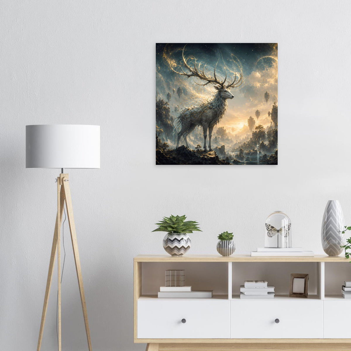 Quadratisches Poster: Hirsch mit großen Geweihhörnern vor warmem Sonnenuntergang