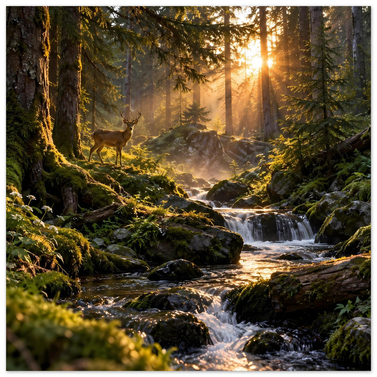 Wandposter im Querformat: Bach über Steine, Wald mit Reh, Sonnenaufgang zwischen den Bäumen