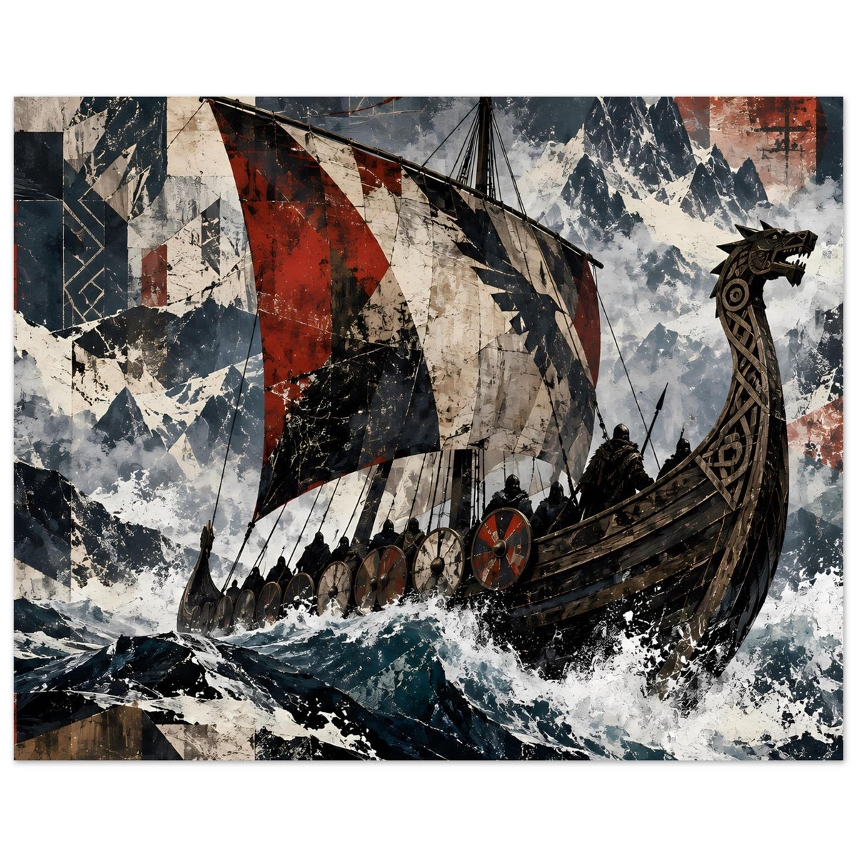 Wikingerschiff-Poster im Hochformat: Langschiff mit dunklem Rumpf, runden Schilden und Segeln