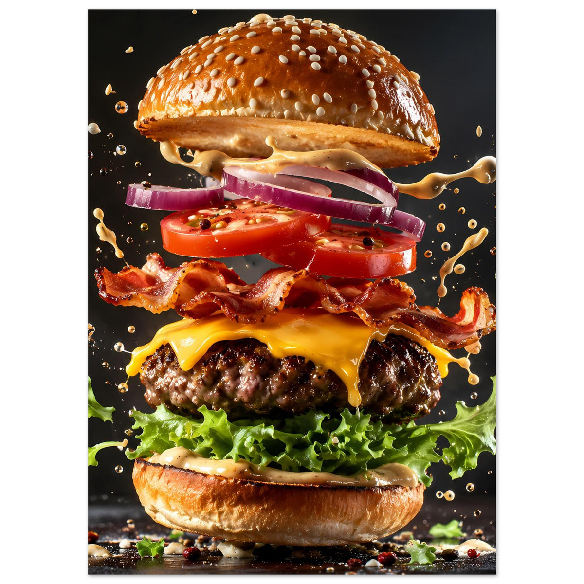 Burger-Poster im Hochformat: Burger mit glänzendem Käse, roten Tomaten und Zwiebeln