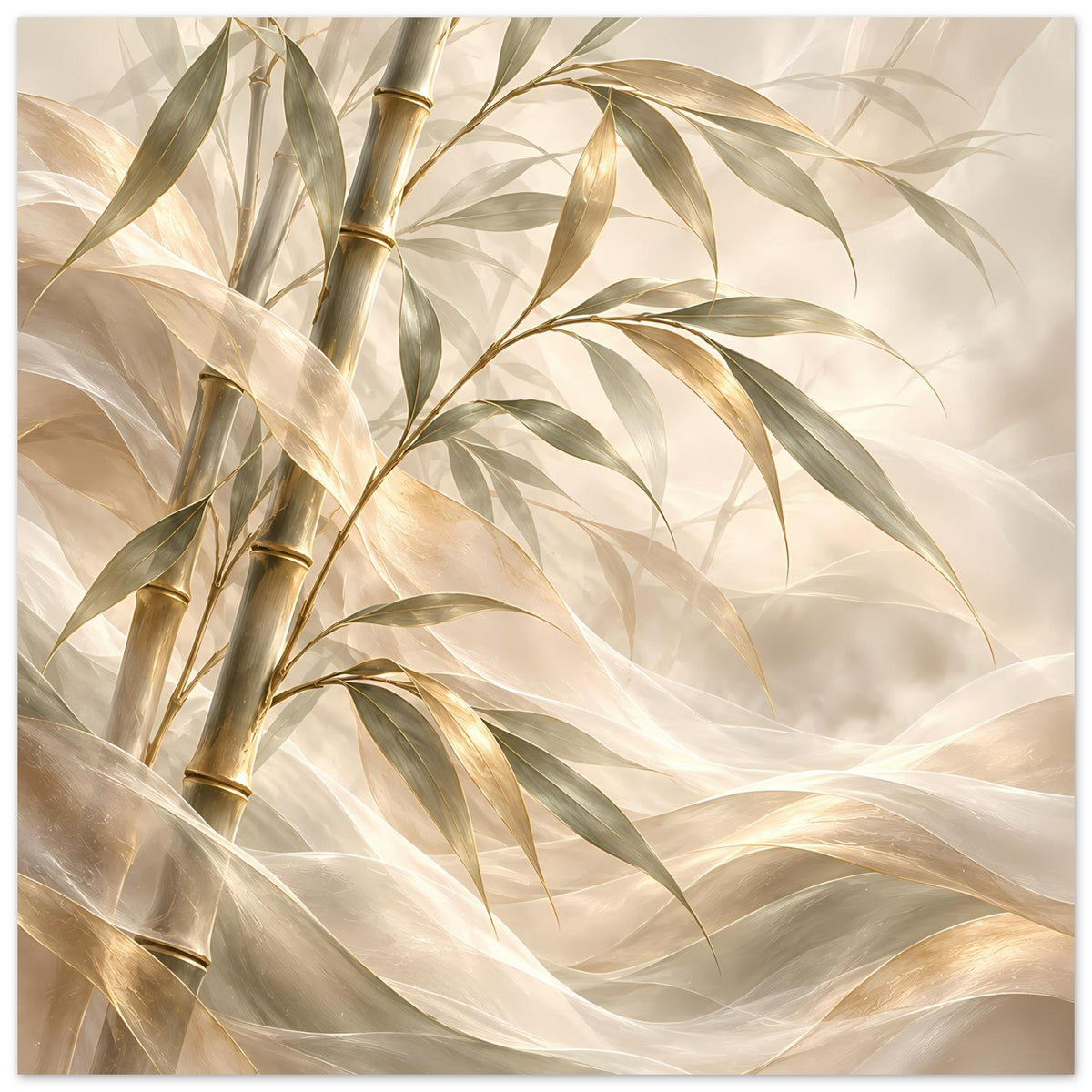 Bambus-Poster mit goldenen Bambusstangen und grünen Blättern in Elfenbein, horizontal