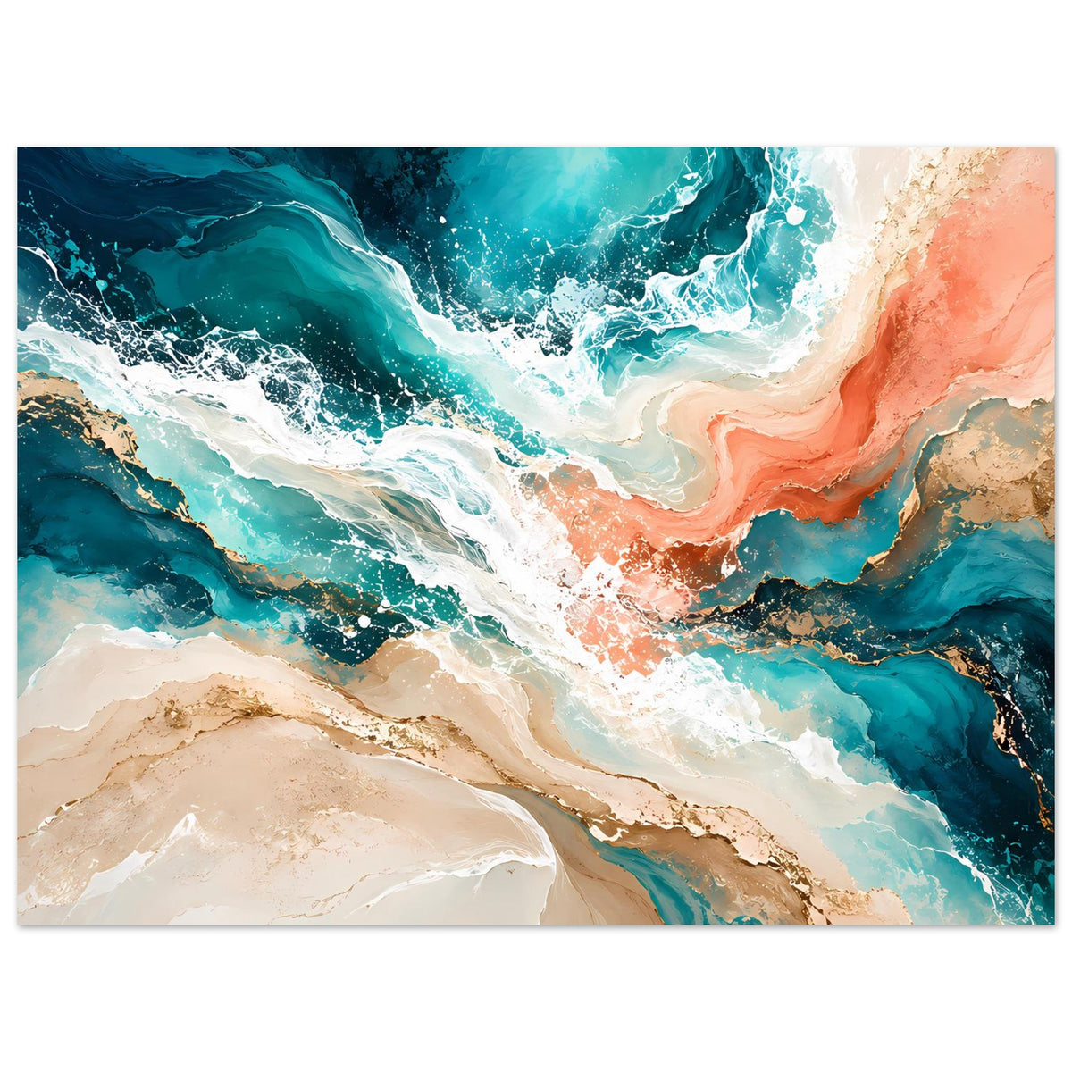 Abstraktes Kunstposter mit aquamarinfarbenen Strömungen, weißem Schaum und Korallrot, horizontal