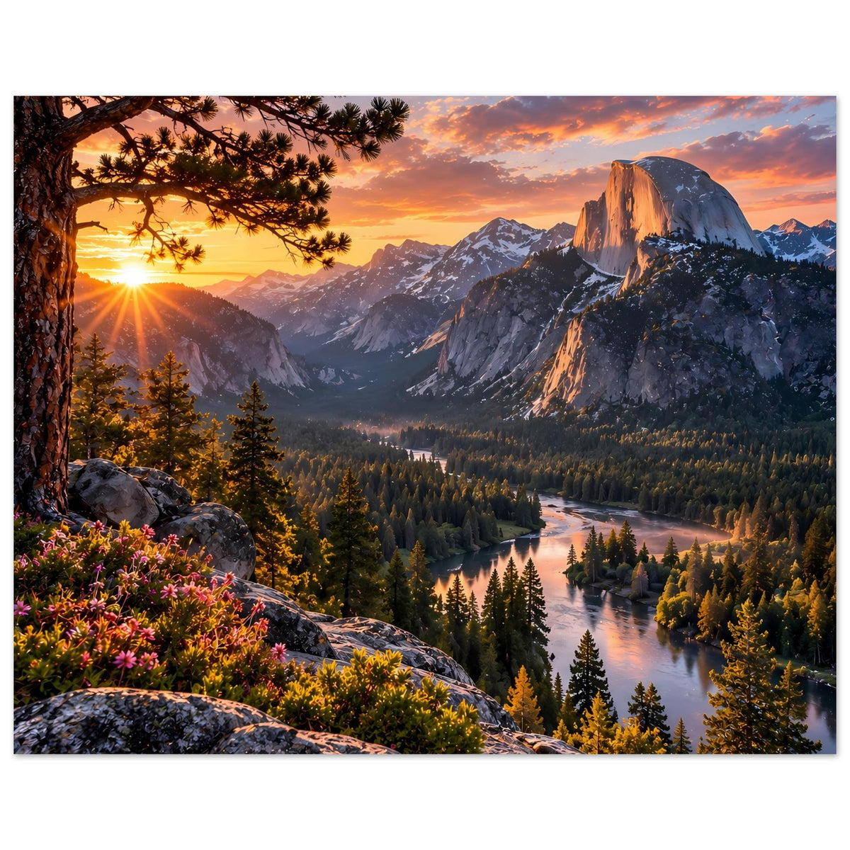 Poster mit Berglandschaft bei Sonnenuntergang: Fluss durch Tannenwald, Felsgipfel