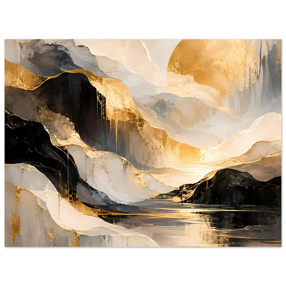 Kunstposter mit goldenem Lichtbogen und dunklen Silhouetten, Schwarz, Creme, horizontal
