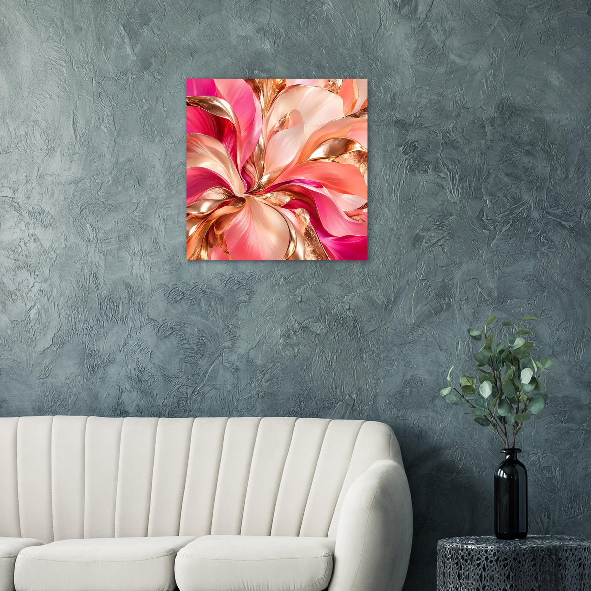 Quadratisches abstraktes Blumenposter mit rosa Farbwirbeln und goldenen Linien