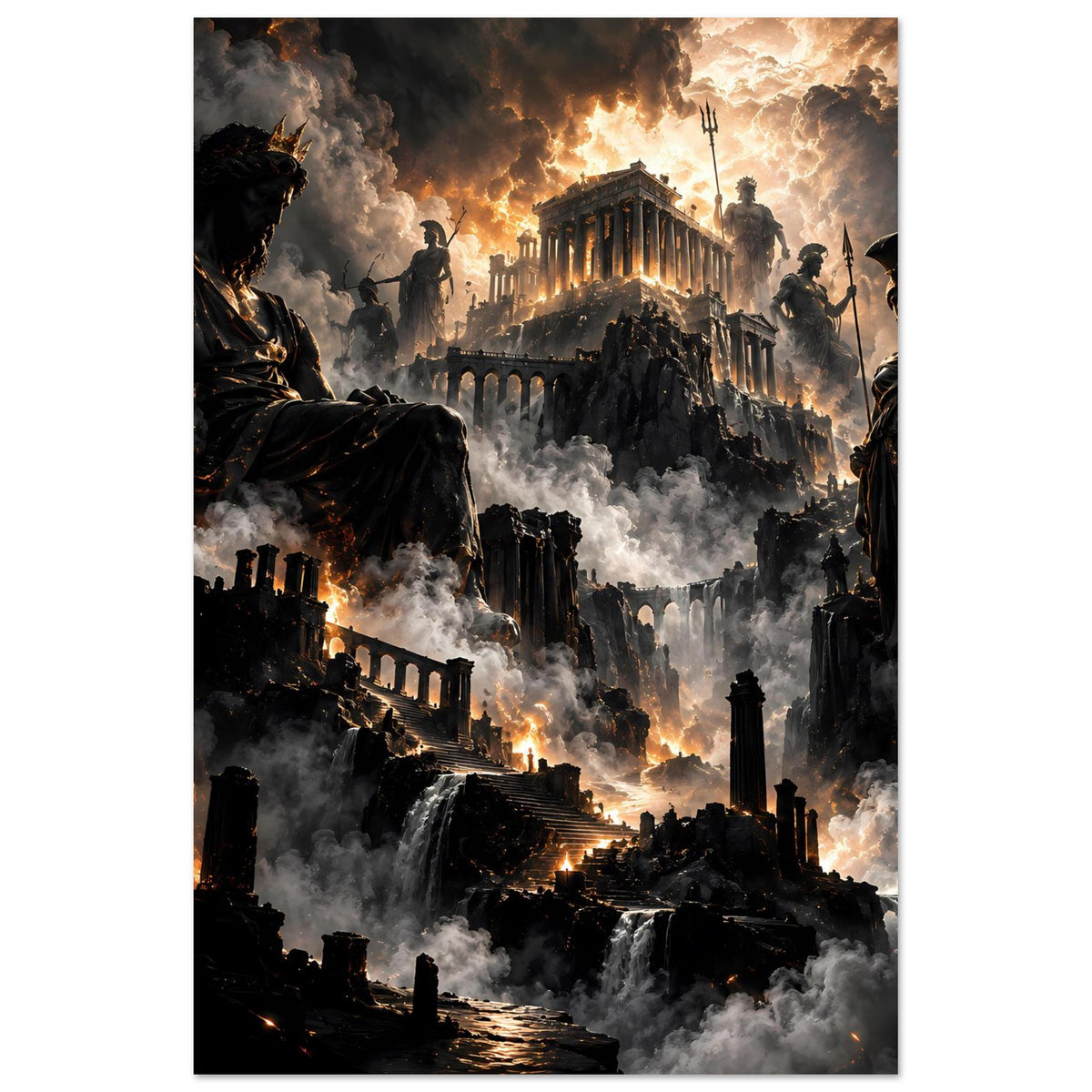 Vertikales Poster mit Ruinen, Flammenlicht und Kriegern in dunklem Gewand im Rauch