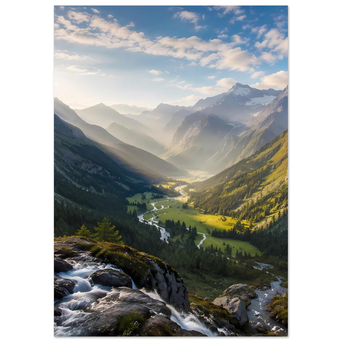 Poster im Hochformat mit Alpen-Talansicht, Sonnenlicht und Flusslauf zwischen Wiesen