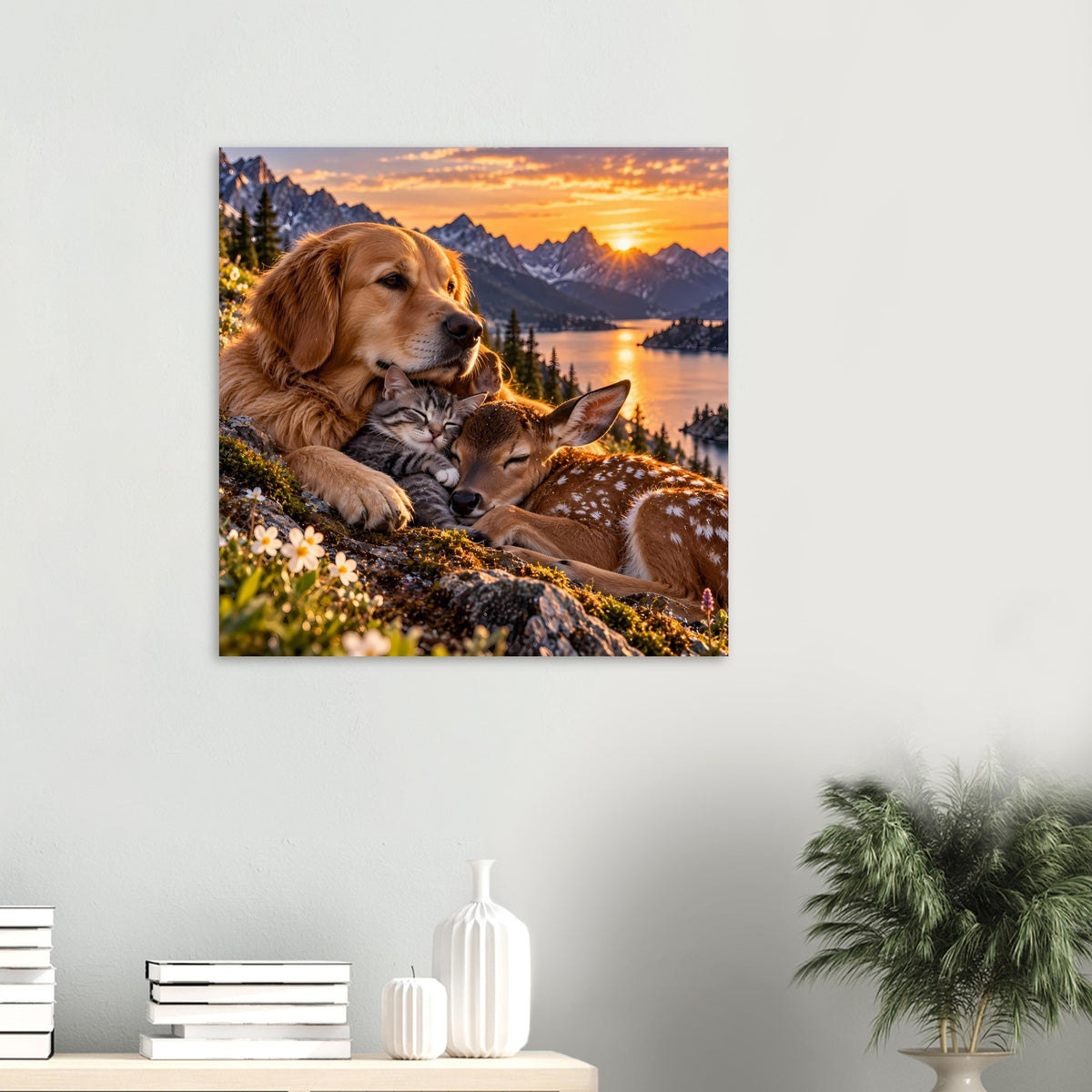Poster auf Untergrund: goldbrauner Hund mit Katze und Reh, Sonne über dem See