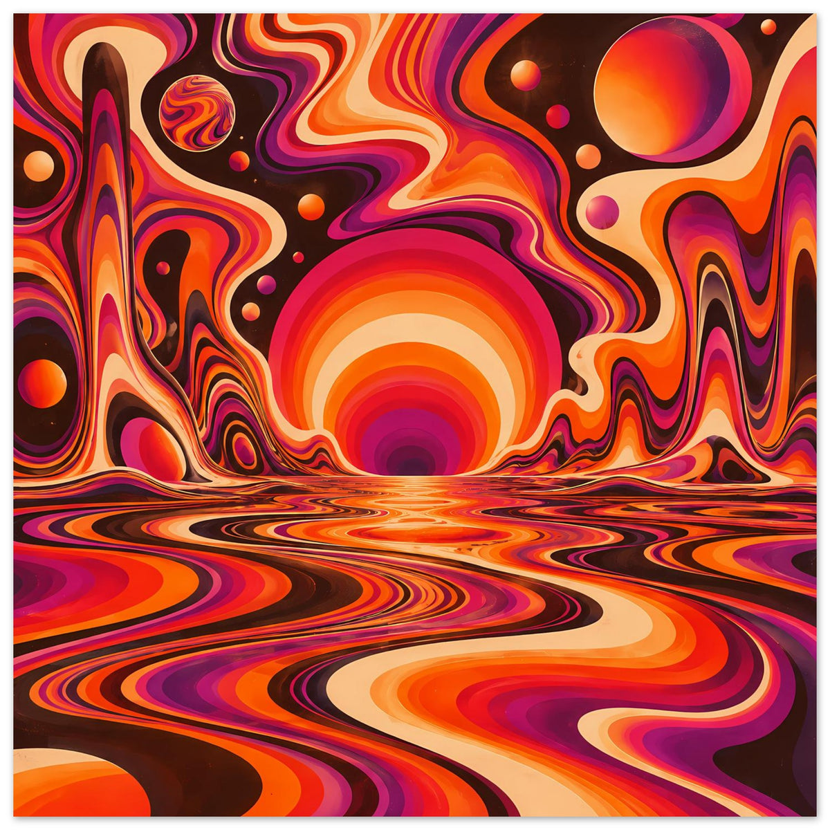 Querformat-Poster mit kräftigen orange-violetten Swirls, Kreis-Sonne und fließenden Wellenlinien