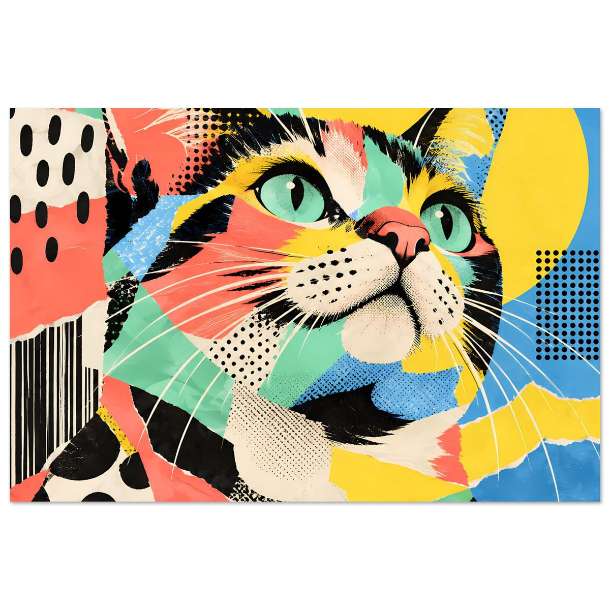 Pop-Art-Katzenposter mit kontrastreichem Katzenmotiv und bunten Formen, Querformat