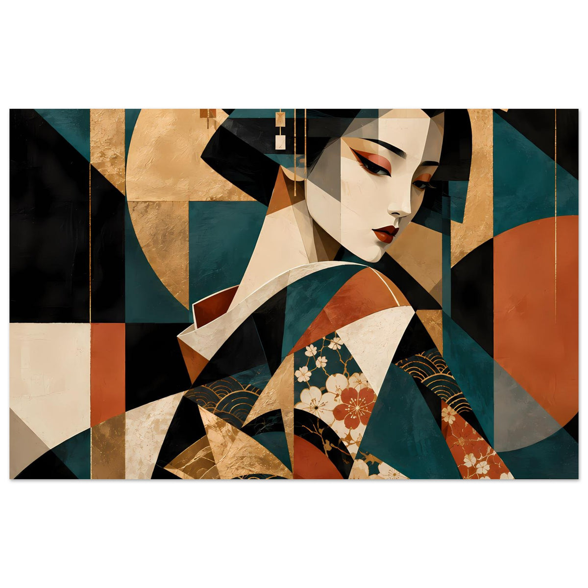 Kunstposter Querformat: Geisha-Porträt in Türkis-, Gold- und Rotnuancen