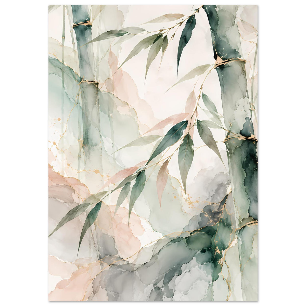 Naturposter mit Bambuszweigen und -blättern im Aquarell-Look, Grün und Pastell, hochkant