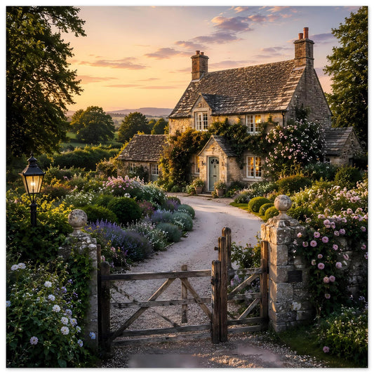 Ländliches Cottage mit Blumenbeet, Kiesweg und Holztor vor weicher Abendhimmel-Landschaft