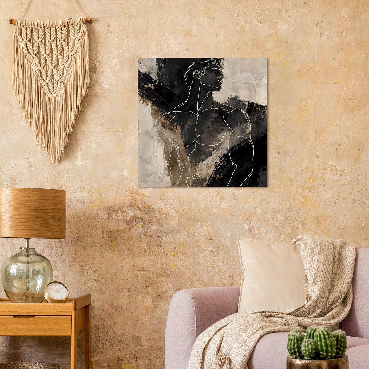 Abstraktes Poster mit männlicher Halbfigur in Schwarzlinien, beiger und grauer Hintergrund