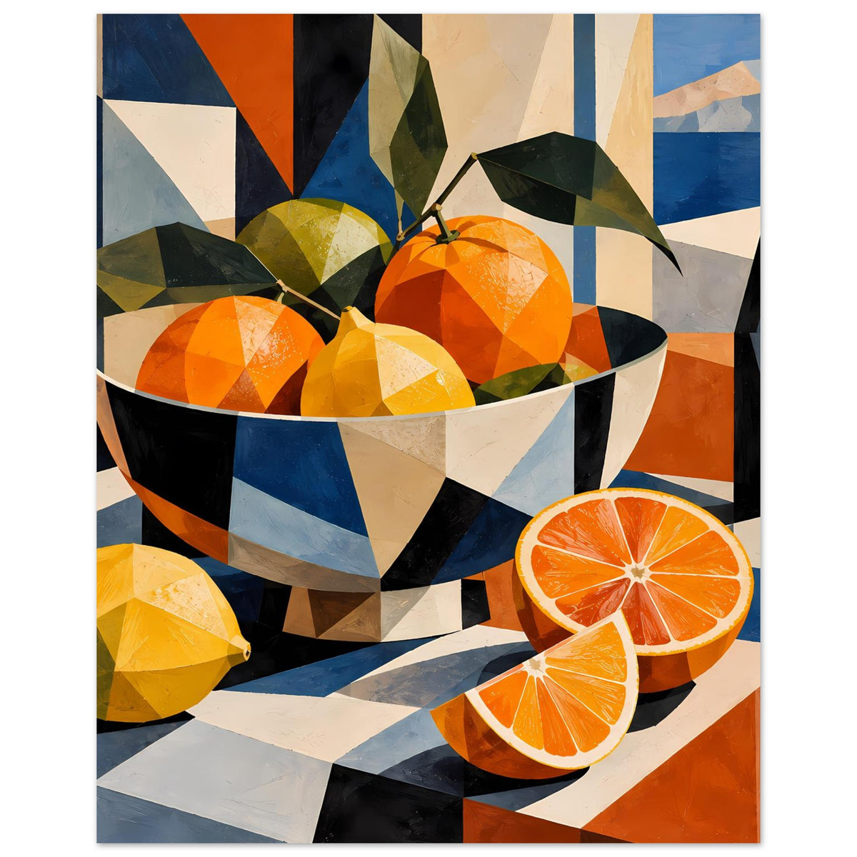 Poster mit Schüssel voller Orangen und Zitronen, Orangenscheiben im Vordergrund, geometrisch