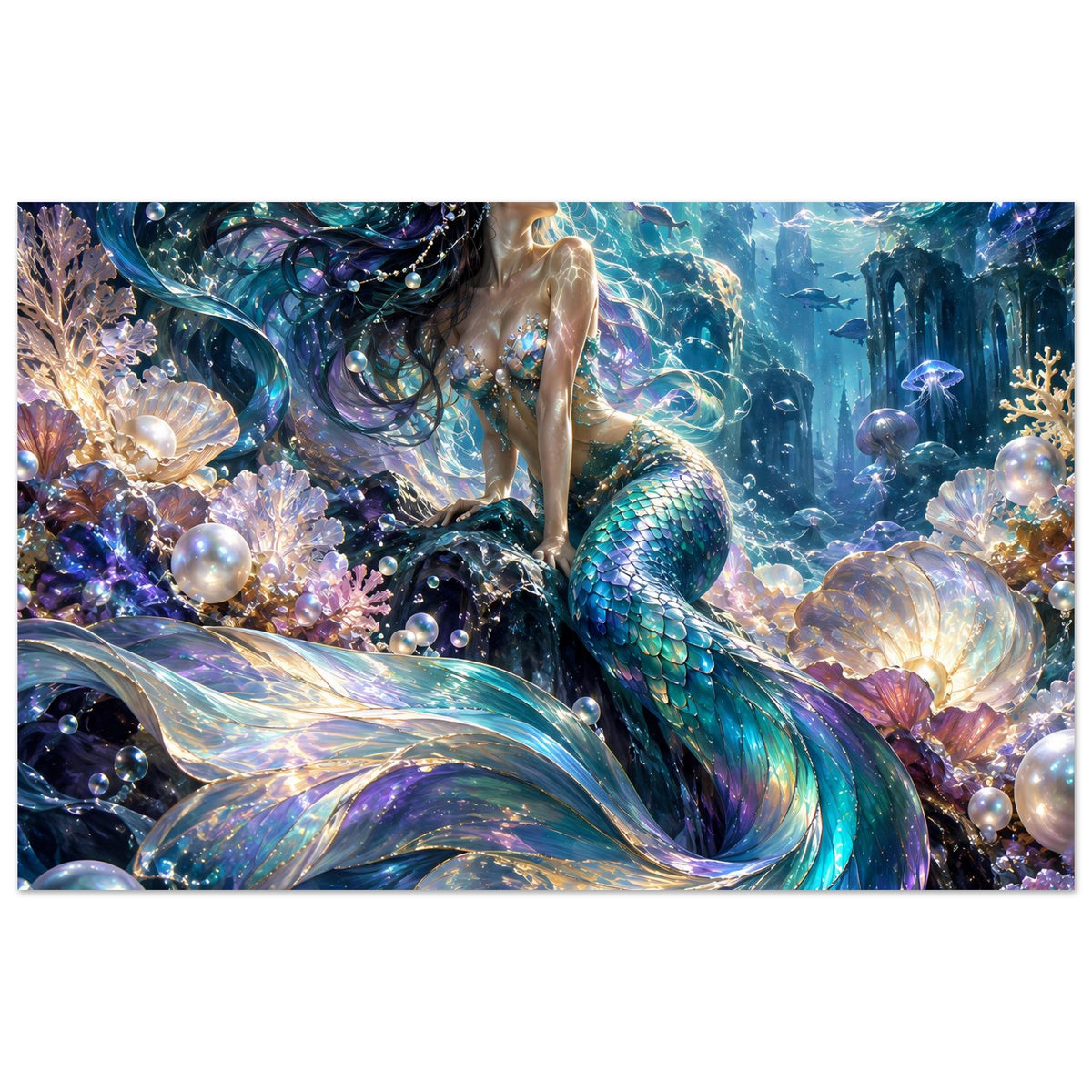 Fantasy-Poster mit Meerjungfrau, schillerndem Flossenschwanz, Perlen und Korallen im Ozean
