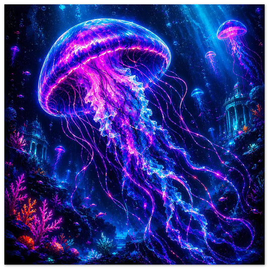 Poster mit leuchtender Qualle, violett-blauer Körper und Tentakel mit neonfarbenem Licht