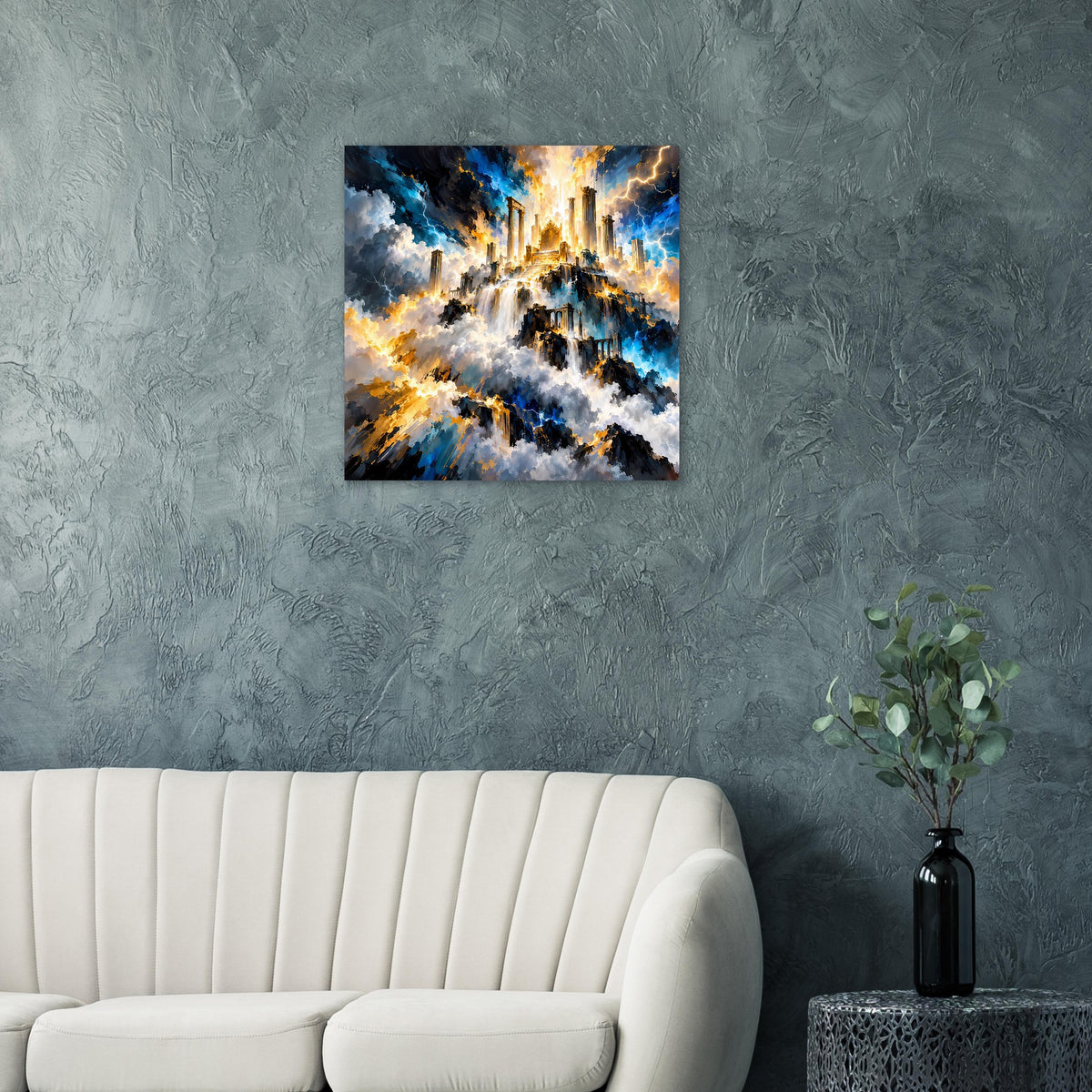Quadratisches Fantasy-Poster mit schwarzem Rahmen, goldener Lichthimmel in Blau