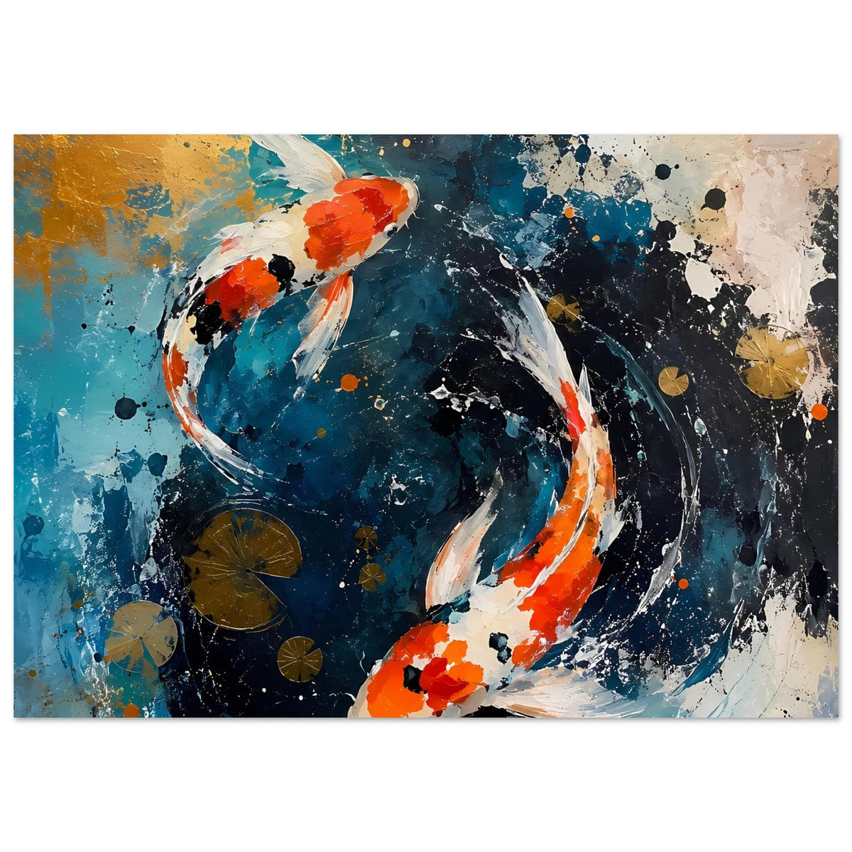 Abstraktes Wasser-Poster mit zwei Koi-Fischen, dunkelblauer Strudel, orange-rote Flossen