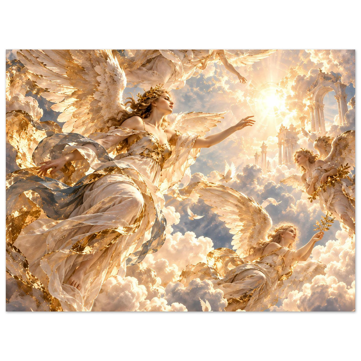 Mattes Poster: Engel mit goldenen Flügeln und Kranz, Querformat mit Rahmen