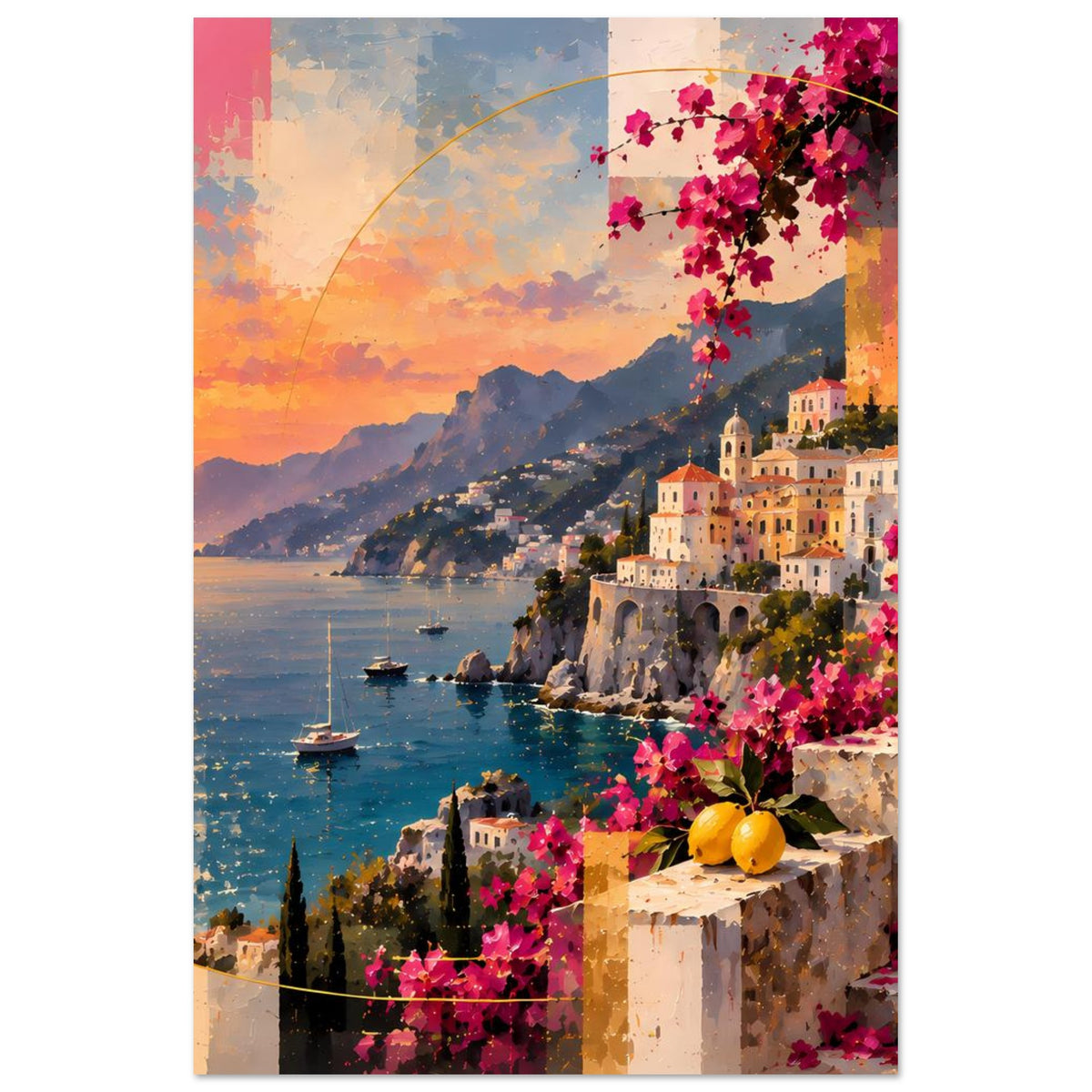 Poster mit Küstenstadt bei Abendsonne, Boote, Berge und rosa Bougainvillea an einer Steinmauer