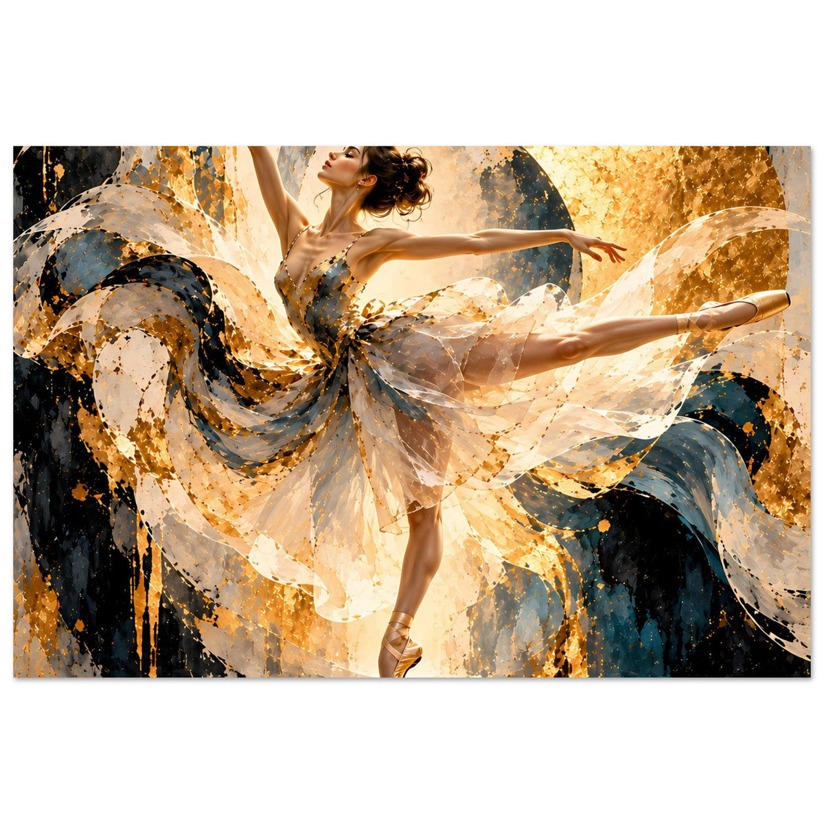 Ballettposter: Ballerina im beigen Kleid mit goldenen Sprenkeln, abstrakte Farbflächen