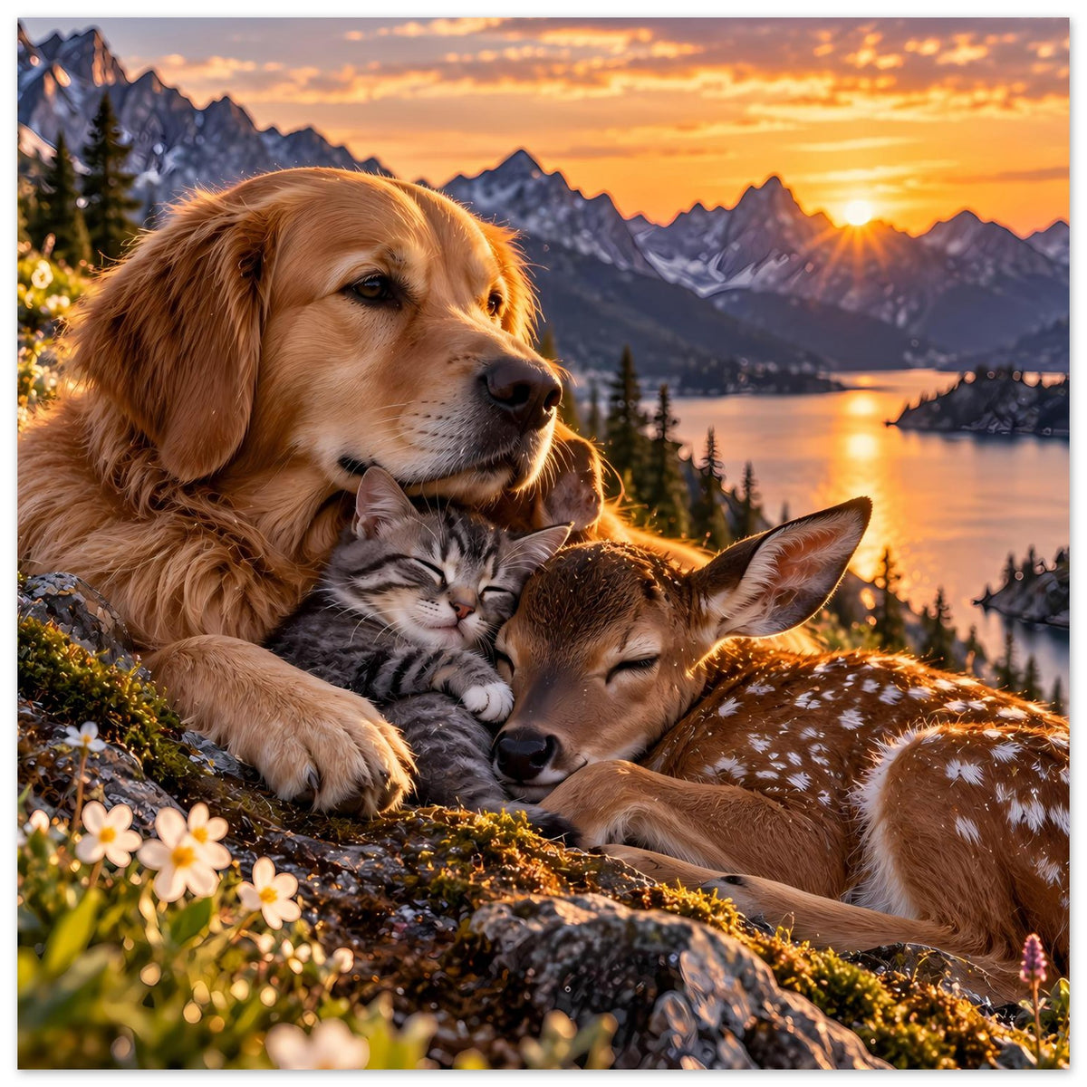 Querformat-Poster: Hund und Katze ruhen neben einem Reh, dahinter Sonnenuntergang über See