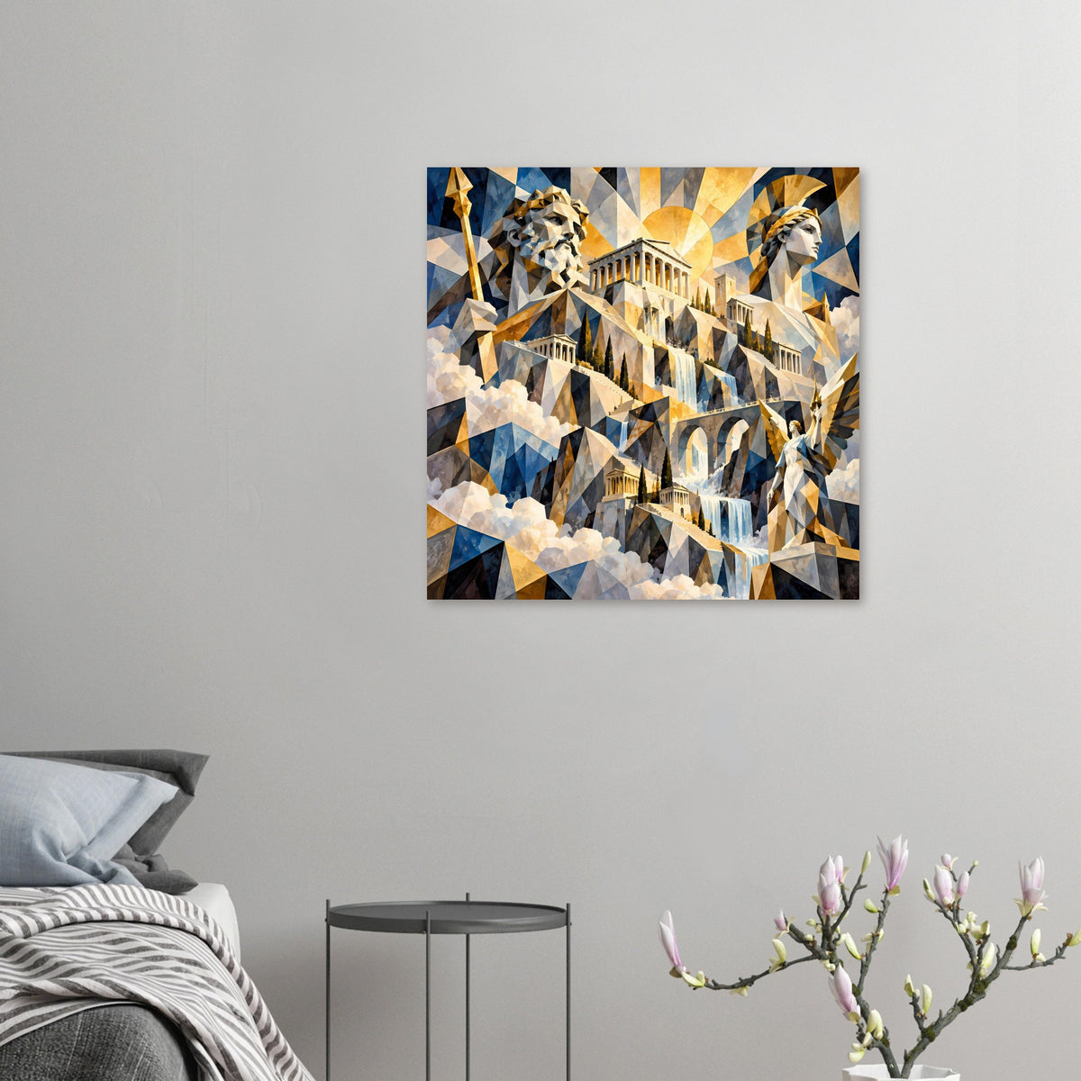 Kleines Poster-Print: Tempel und Statuen in geometrischem Stil, Blau-Gold, Wolken